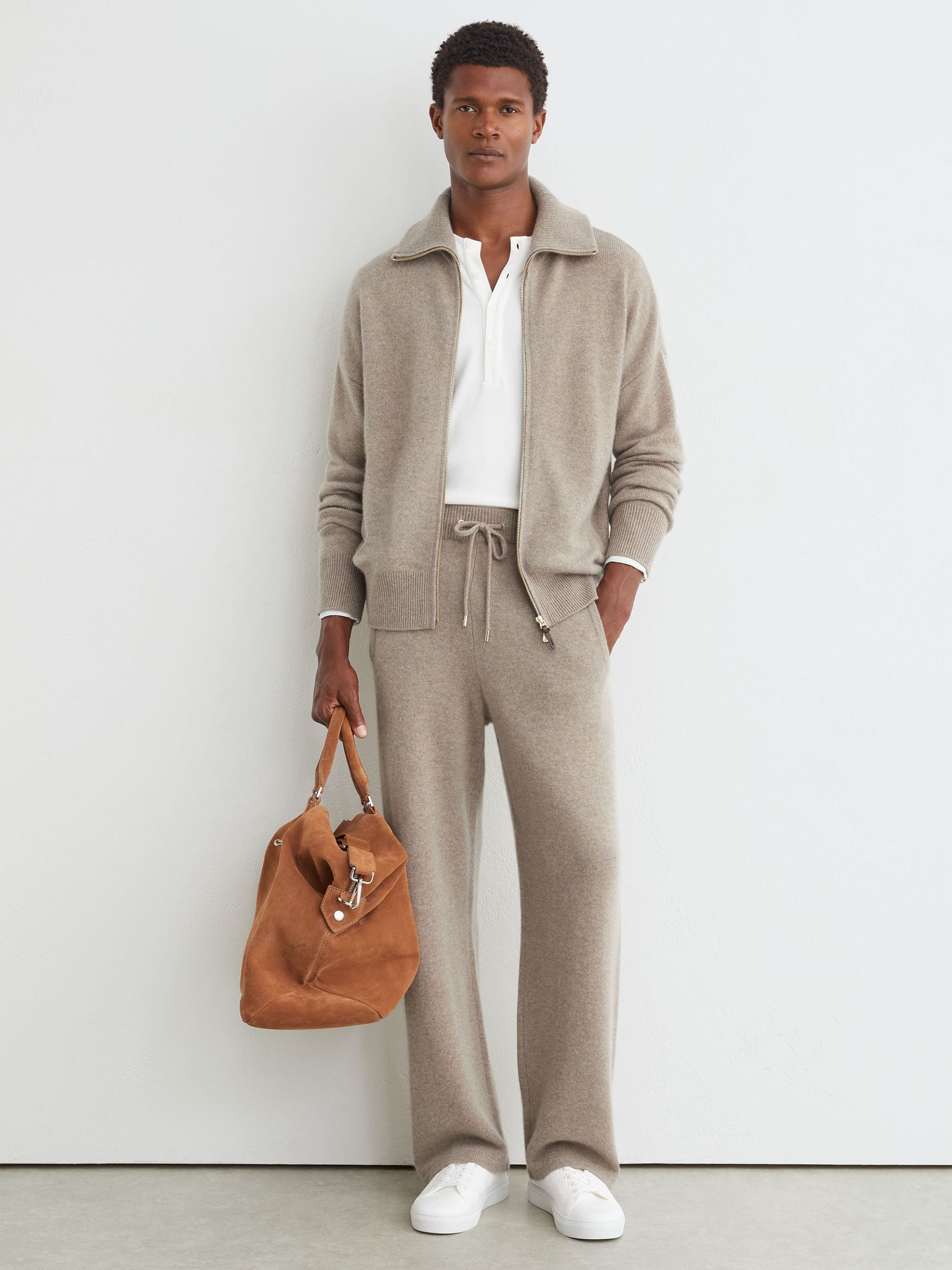 100% Cashmere Relaxed-Fit Joggers in Taupe Melange - Image 1 of 6