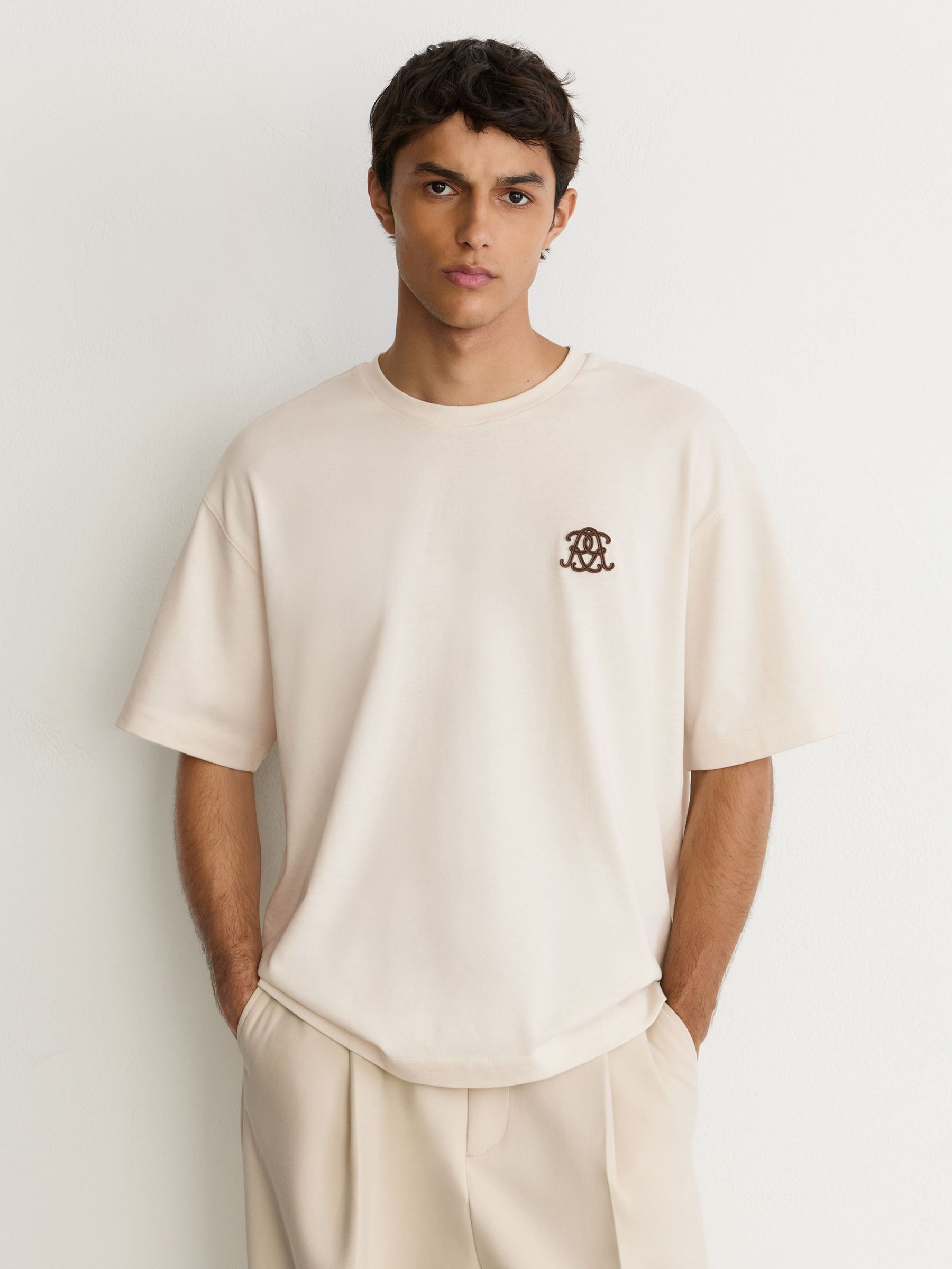 Monogram Motif Cotton Relaxed-Fit T-Shirt in Ecru - Image 3 of 6