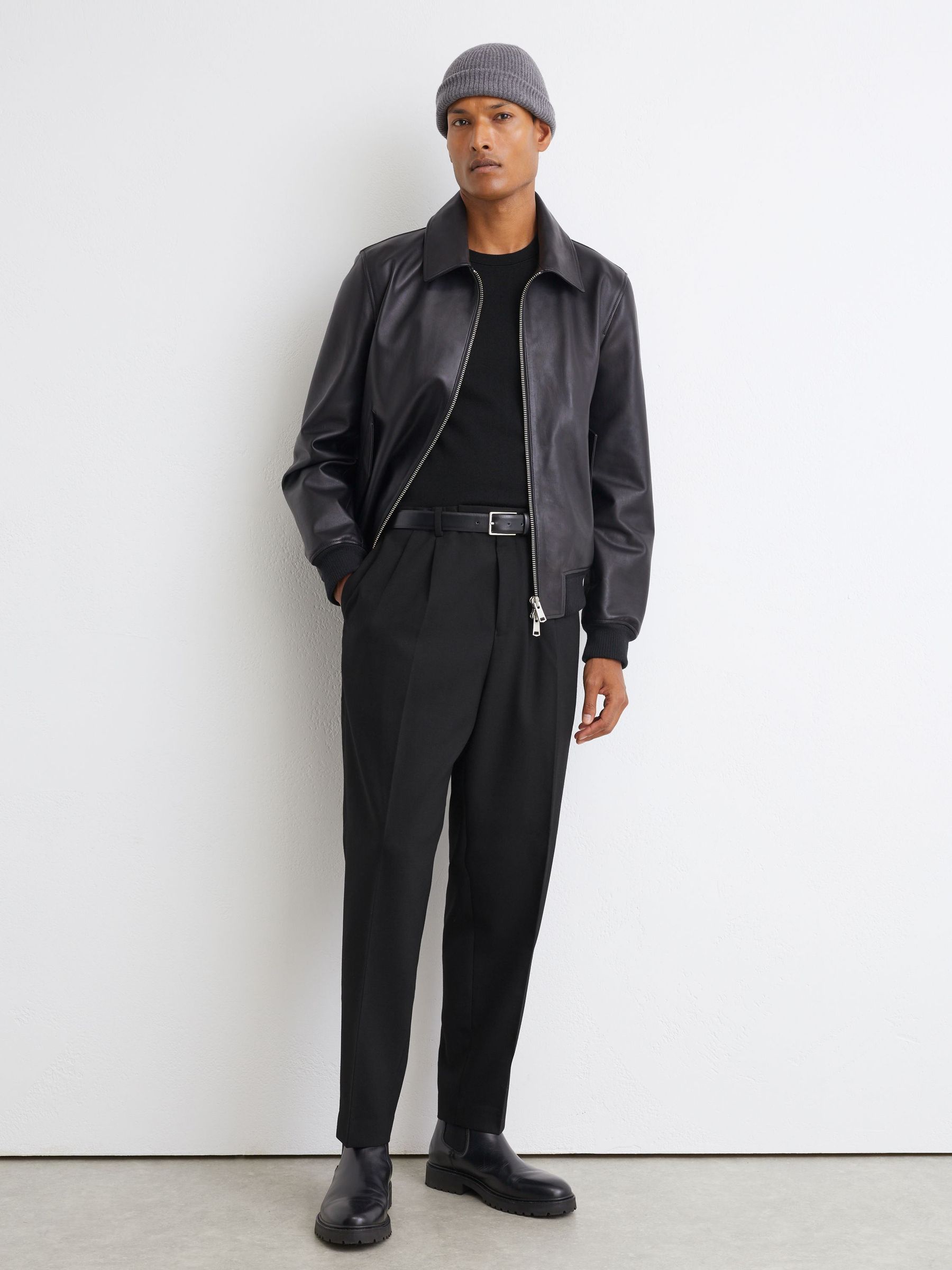 Tailored Fit Wool-Blend Belted Pleated Trousers in Black - Image 1 of 9 Tailored Fit Wool-Blend Belted Pleated Trousers in Black - Image 1 of 9