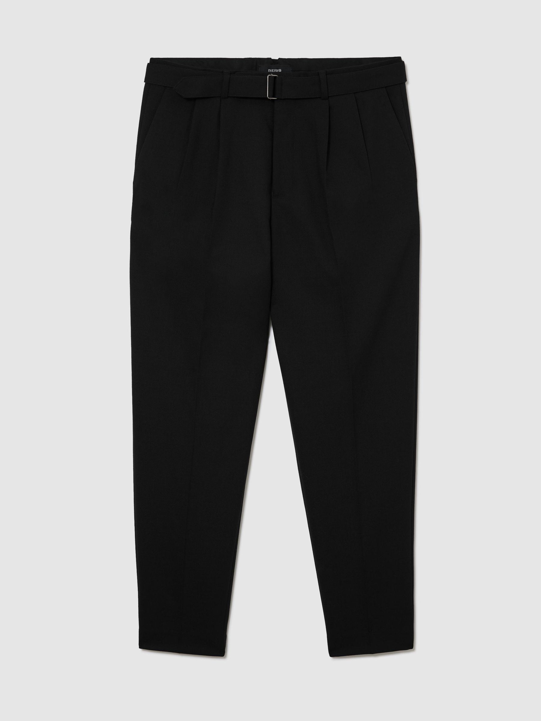 Tailored Fit Wool-Blend Belted Pleated Trousers in Black - Image 2 of 9
