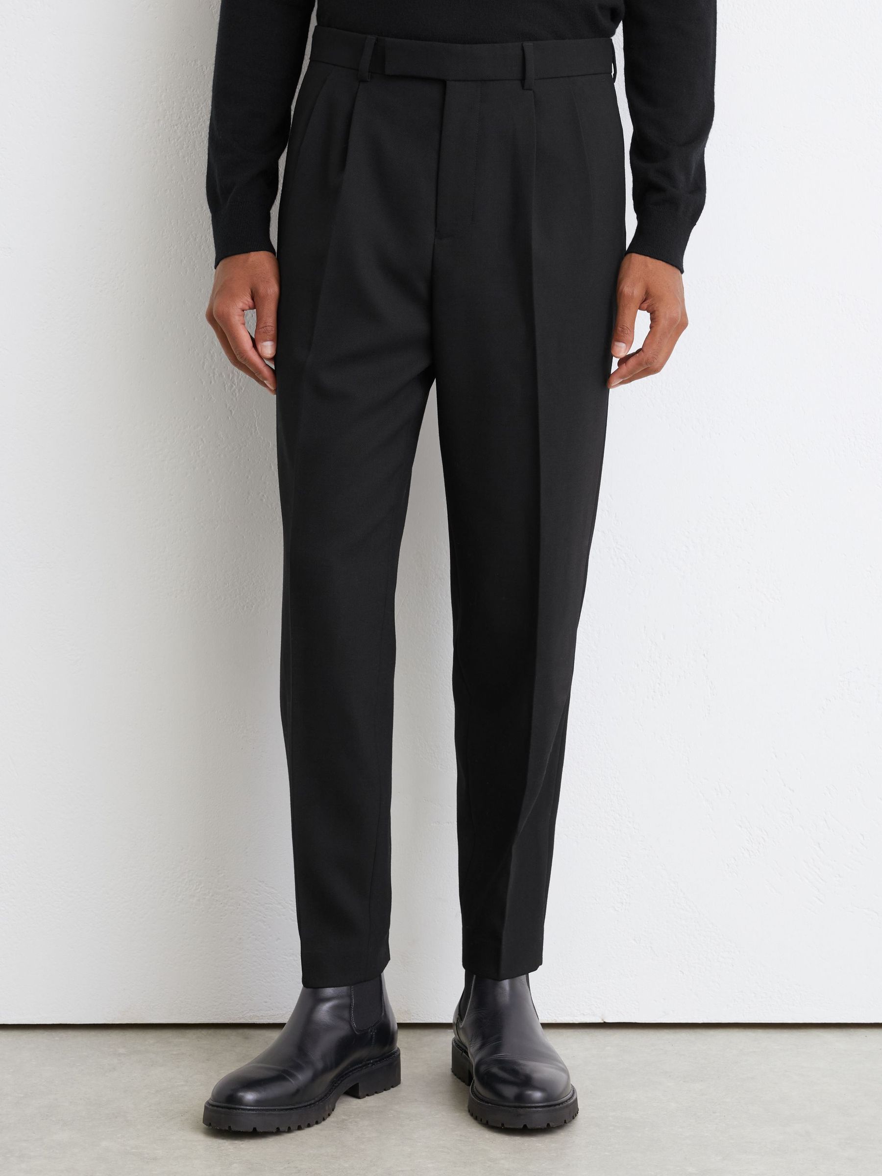 Tailored Fit Wool-Blend Belted Pleated Trousers in Black - Image 3 of 9