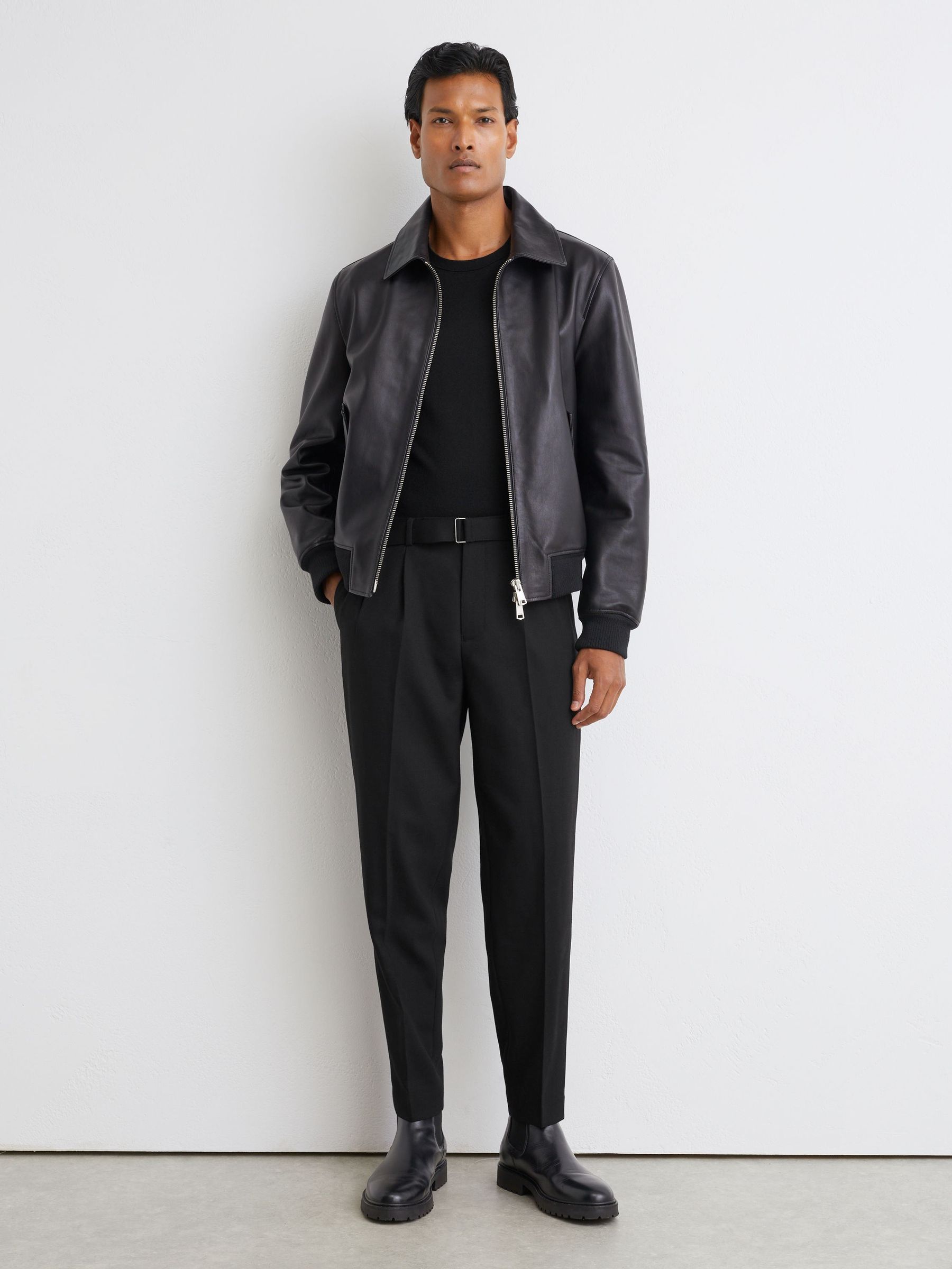 Tailored Fit Wool-Blend Belted Pleated Trousers in Black - Image 8 of 9
