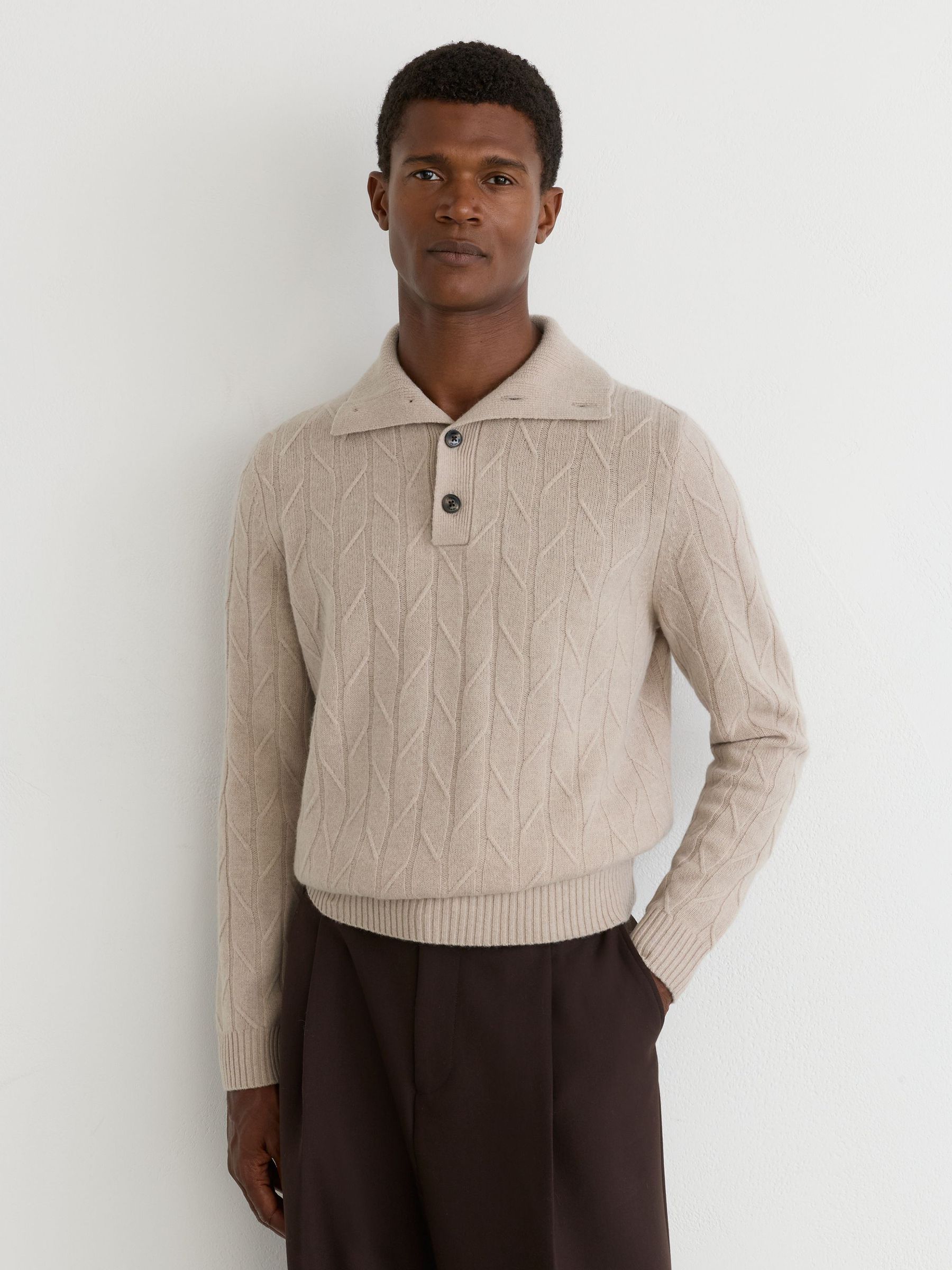 Wool Stitch-Detail Half-Button Jumper in Oatmeal - Image 1 of 7 Wool Stitch-Detail Half-Button Jumper in Oatmeal - Image 1 of 7