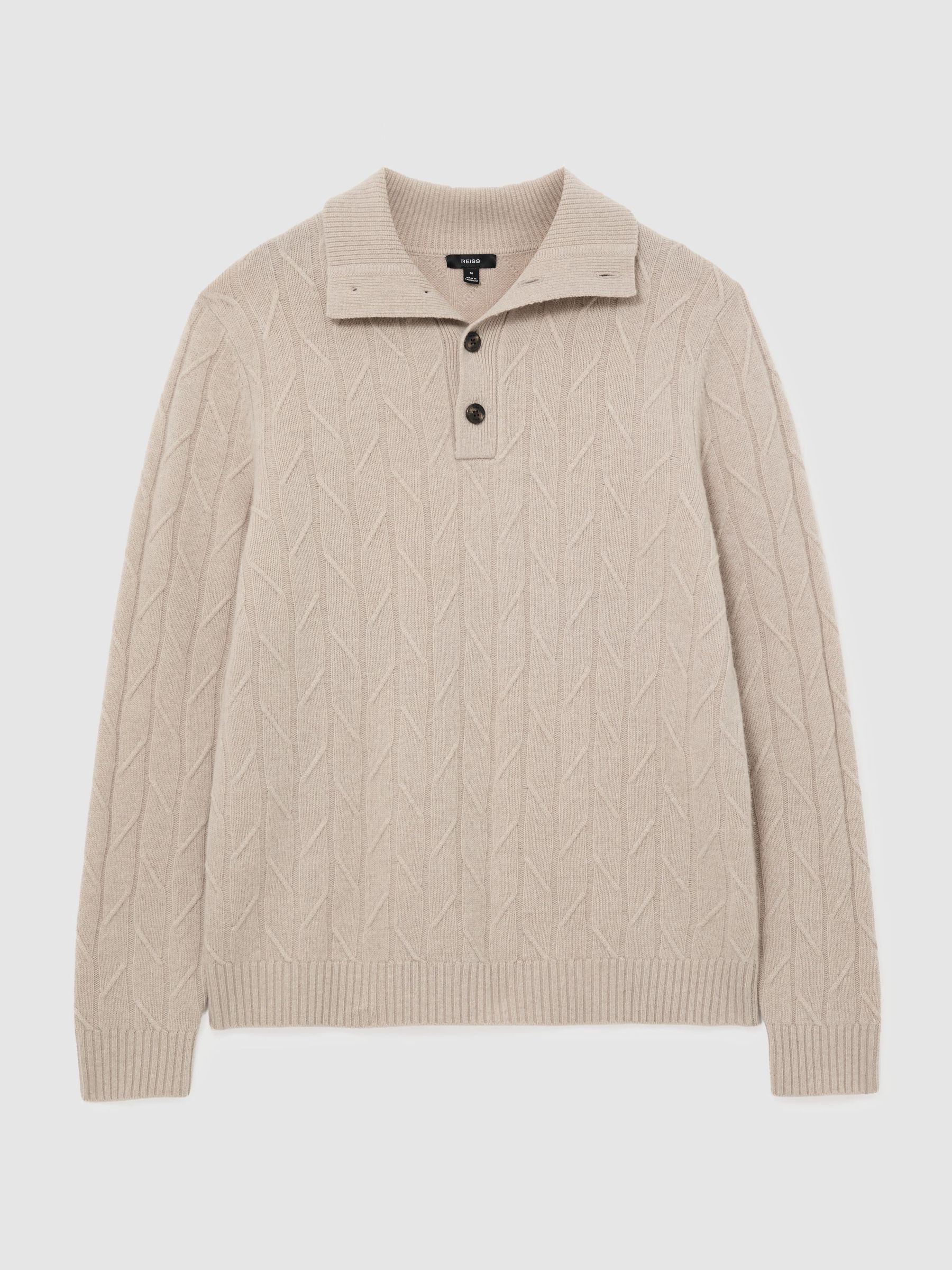 Wool Stitch-Detail Half-Button Jumper in Oatmeal - Image 2 of 7