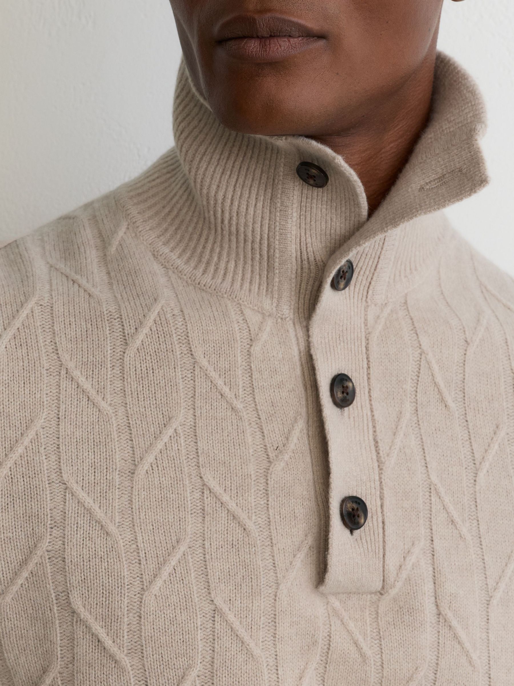 Wool Stitch-Detail Half-Button Jumper in Oatmeal - Image 3 of 7