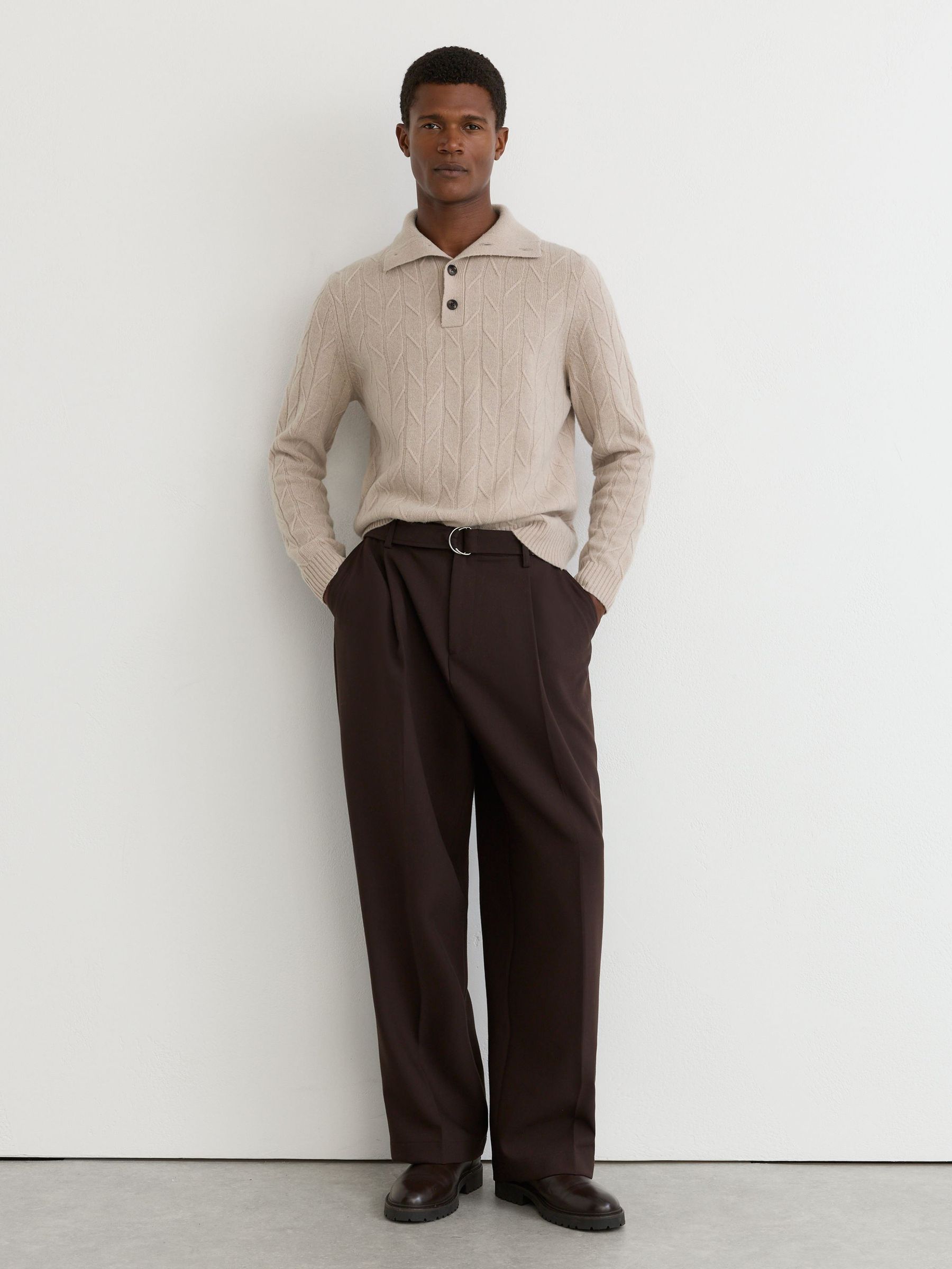 Wool Stitch-Detail Half-Button Jumper in Oatmeal - Image 4 of 7