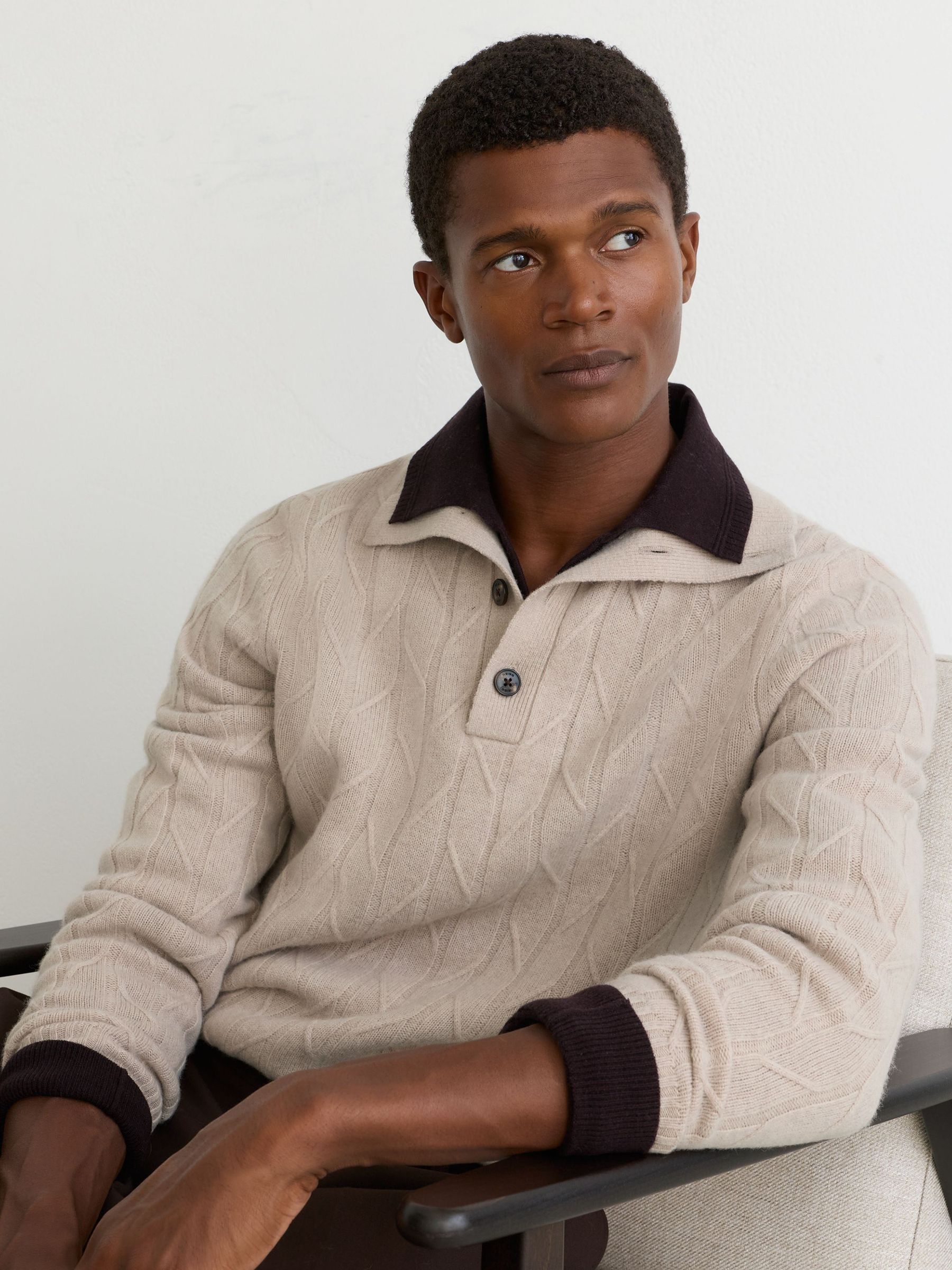 Wool Stitch-Detail Half-Button Jumper in Oatmeal - Image 6 of 7