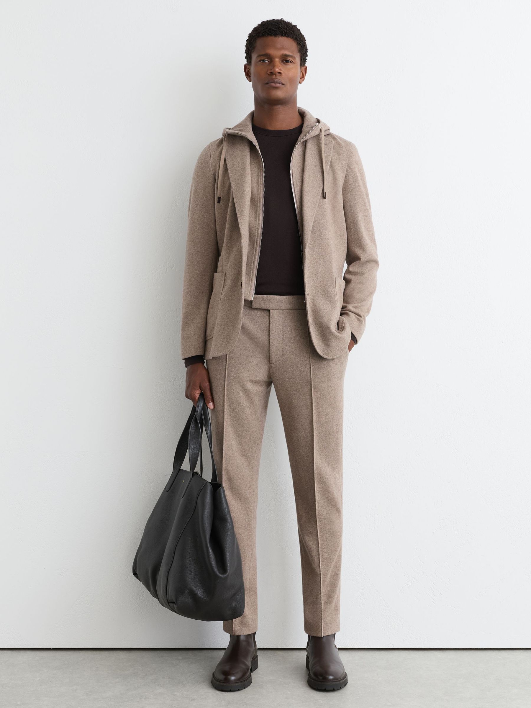 Flannel Drawstring Tailored-Fit Suit Trousers in Oatmeal Brown - Image 1 of 7