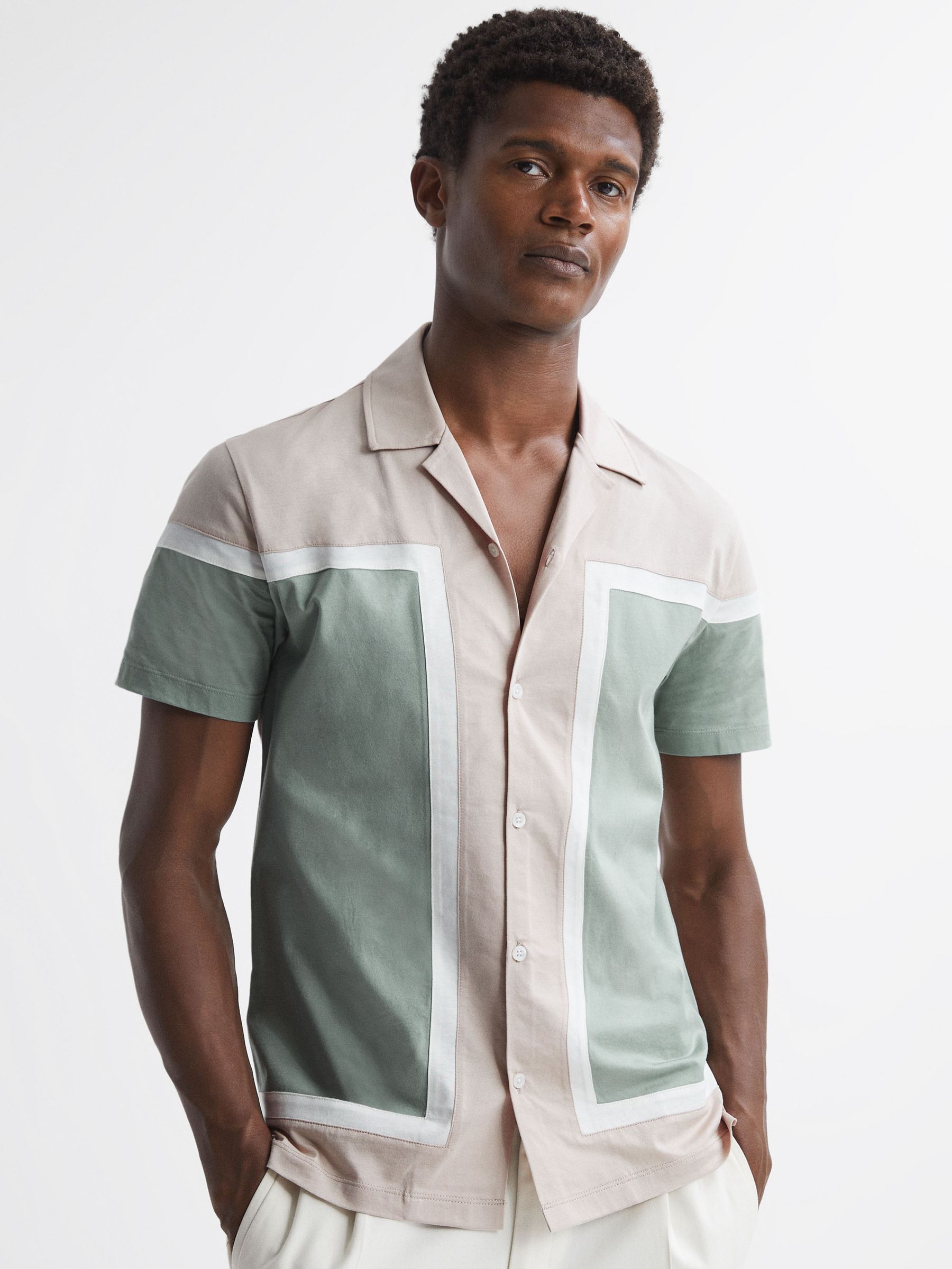 Mercerised Colourblock Cuban Collar Shirt in Sage Multi - Image 1 of 5