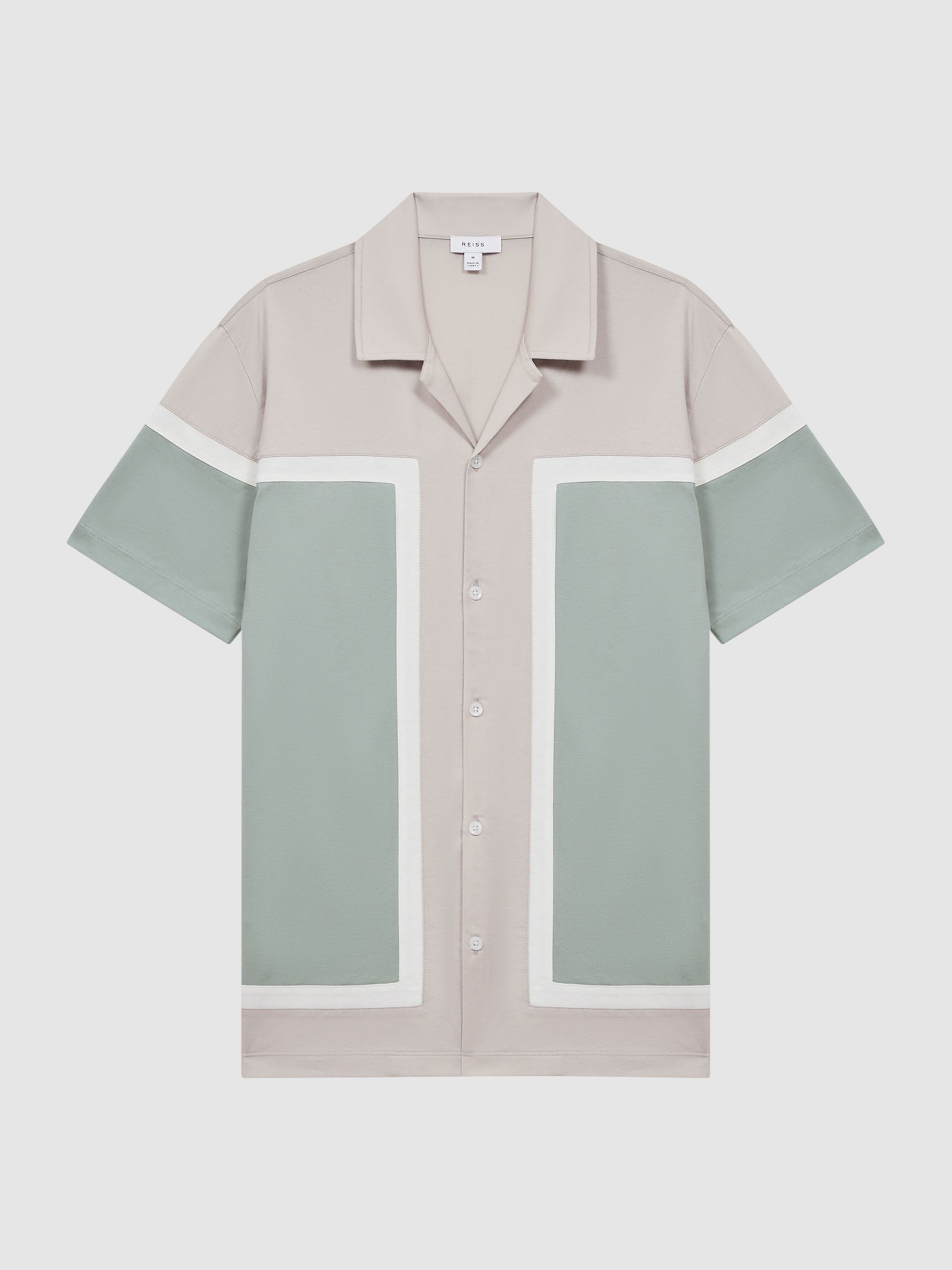 Mercerised Colourblock Cuban Collar Shirt in Sage Multi - Image 2 of 5
