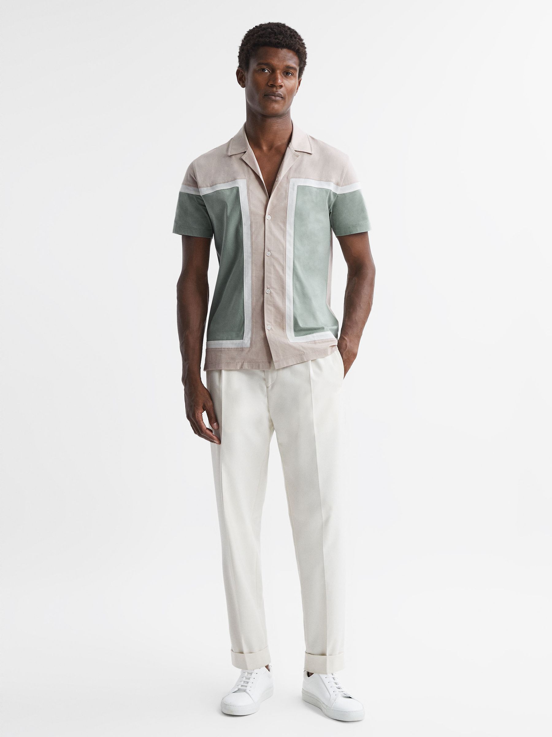 Mercerised Colourblock Cuban Collar Shirt in Sage Multi - Image 3 of 5