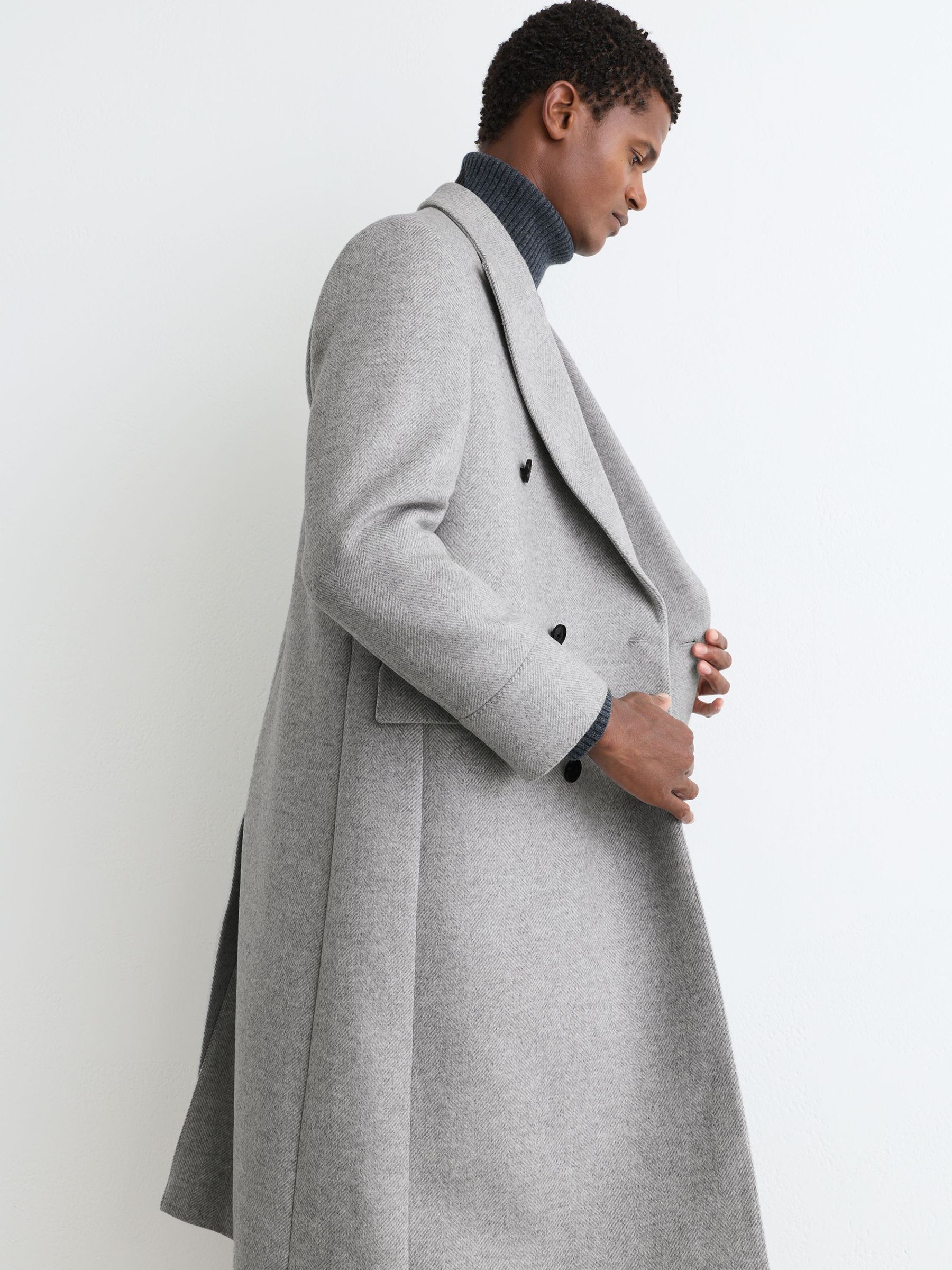 Wool-Blend Double-Breasted Overcoat in Soft Grey Herringbone - Image 4 of 7