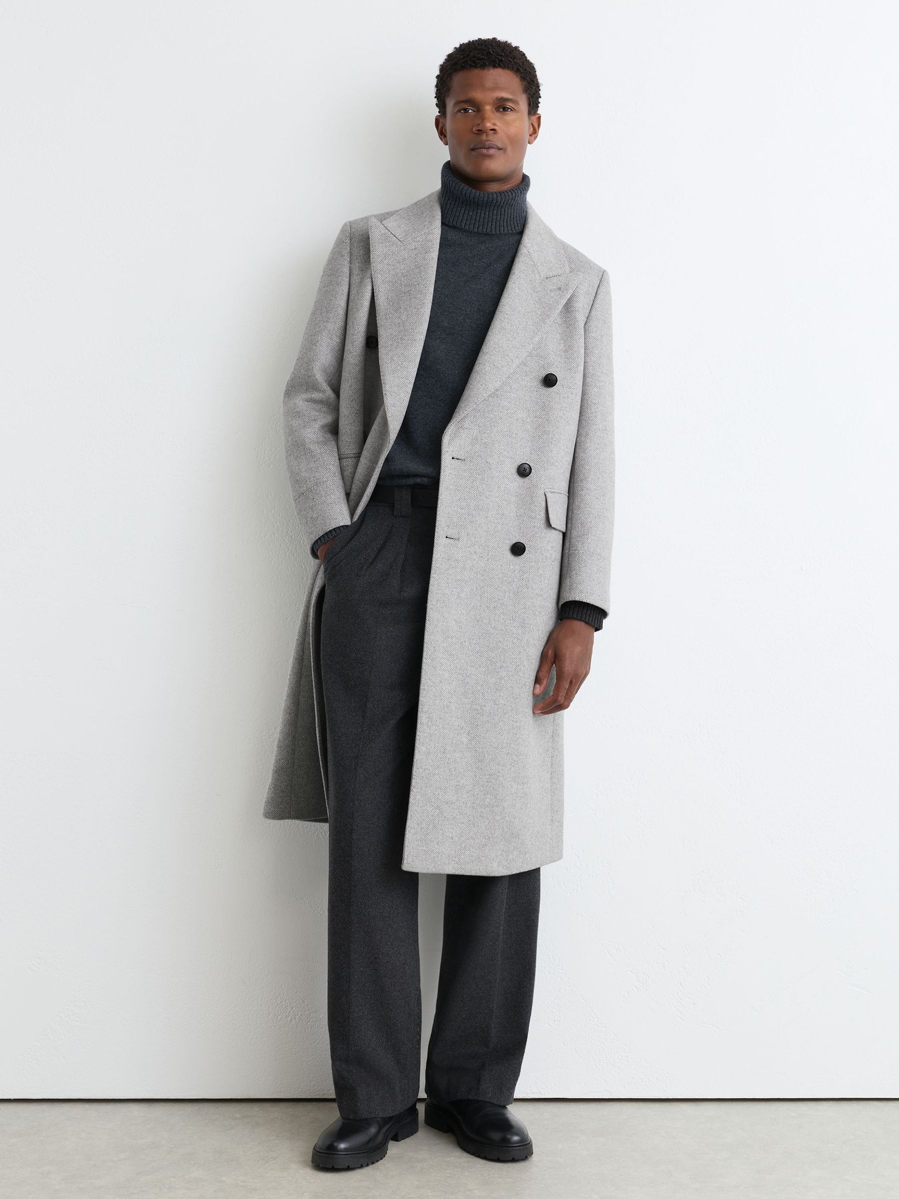 Wool-Blend Double-Breasted Overcoat in Soft Grey Herringbone - Image 5 of 7