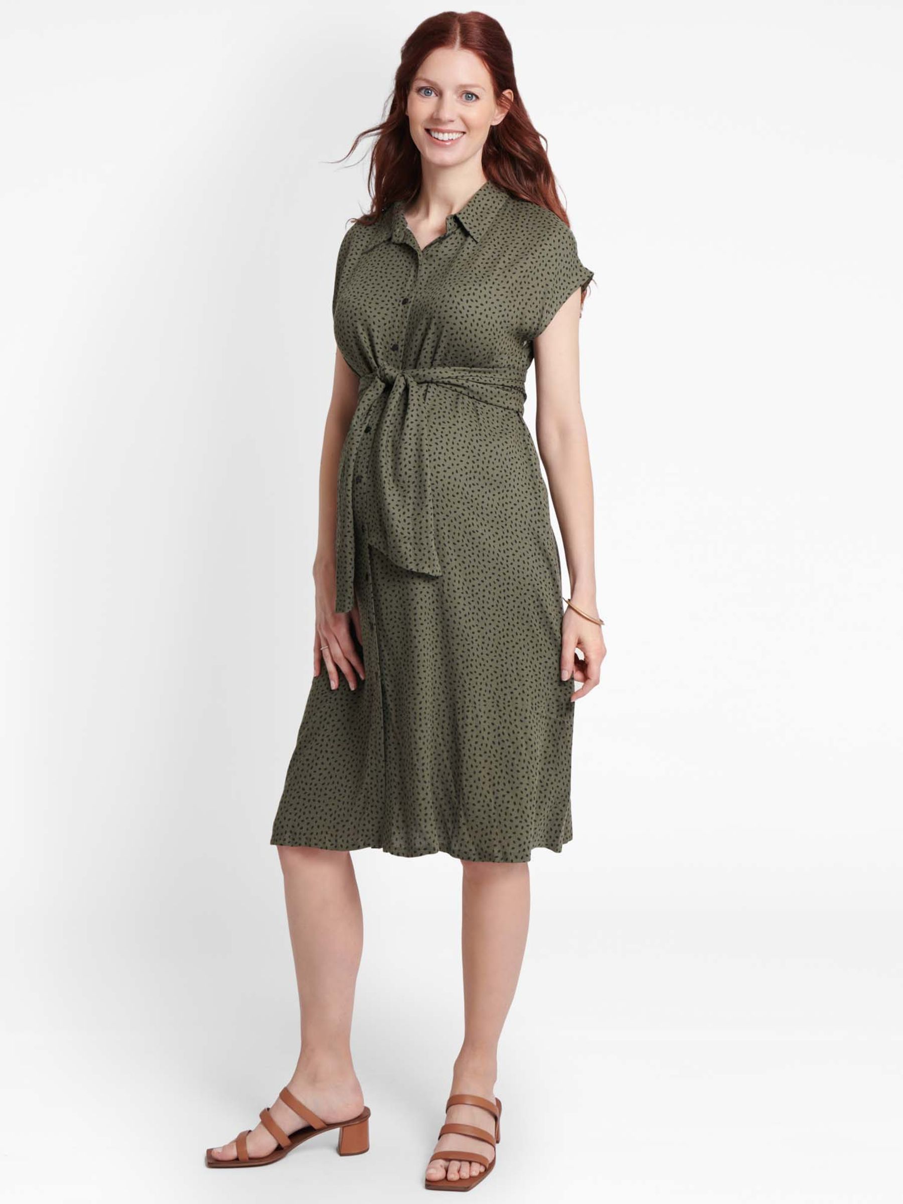 Khaki Pip Print Maternity Shirt Dress With Tie - Image 5 of 6