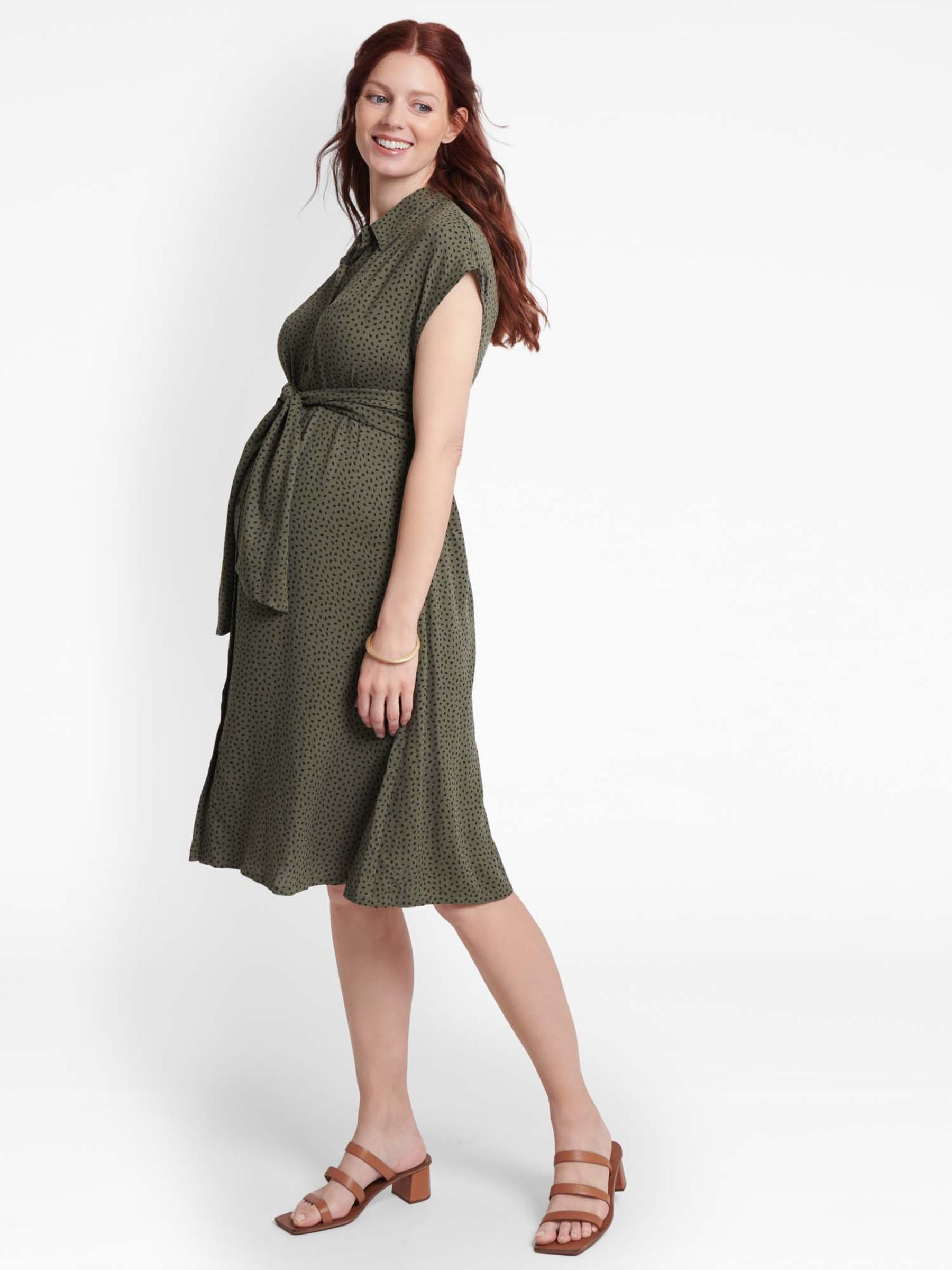 Khaki Pip Print Maternity Shirt Dress With Tie - Image 6 of 6