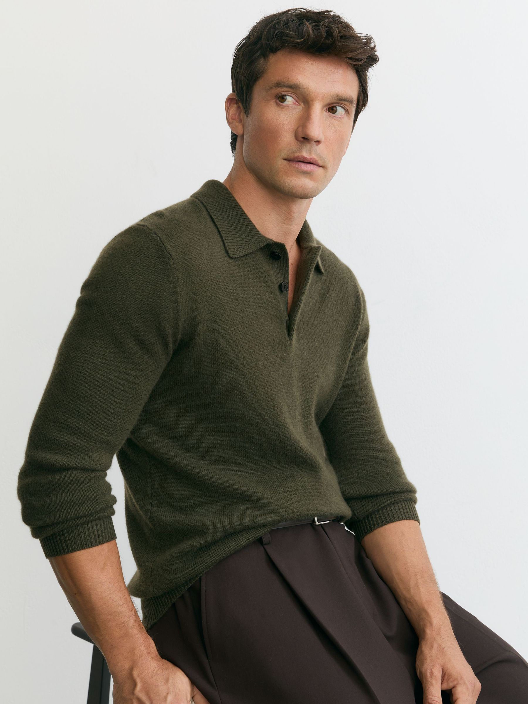 100% Cashmere Half-Button Polo Jumper in Dark Olive - Image 1 of 7