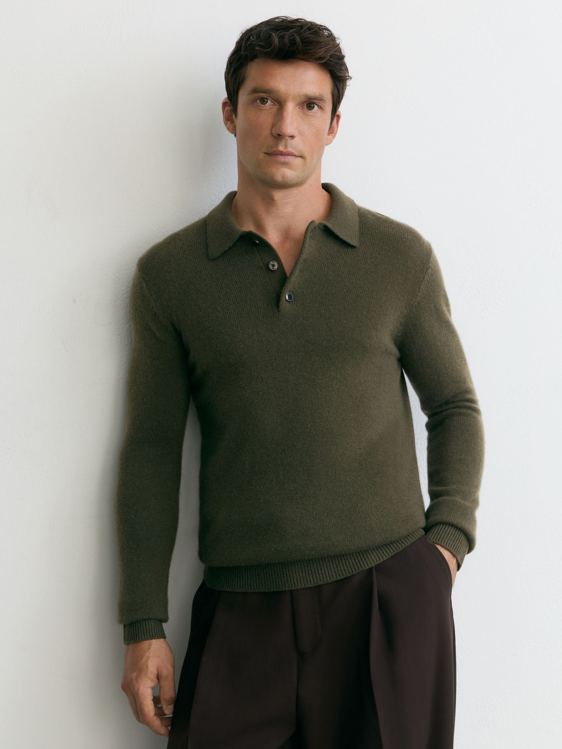 100% Cashmere Half-Button Polo Jumper in Dark Olive - Image 5 of 7