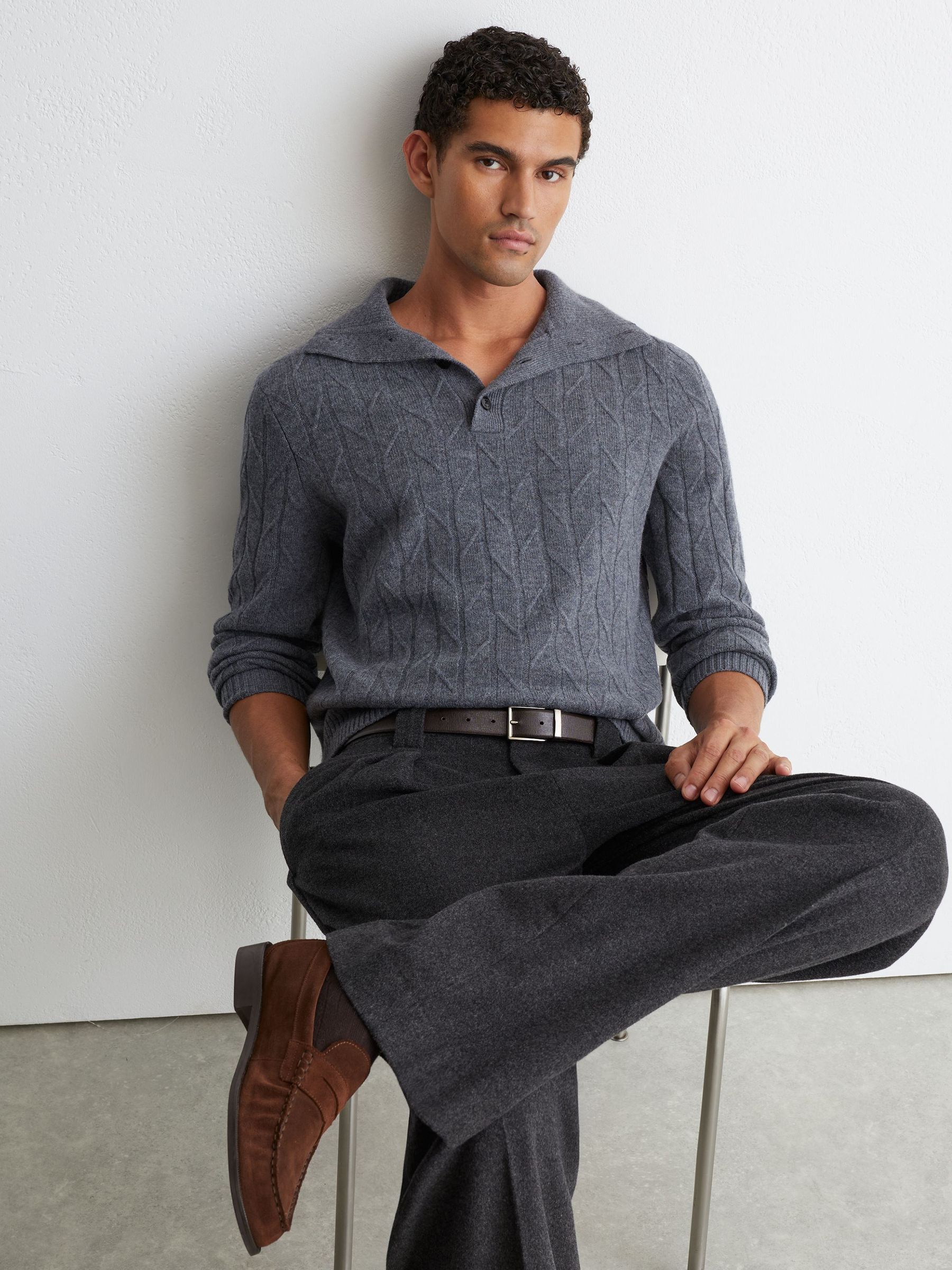 Wool Stitch-Detail Half-Button Jumper in Mid Grey Melange - Image 1 of 7