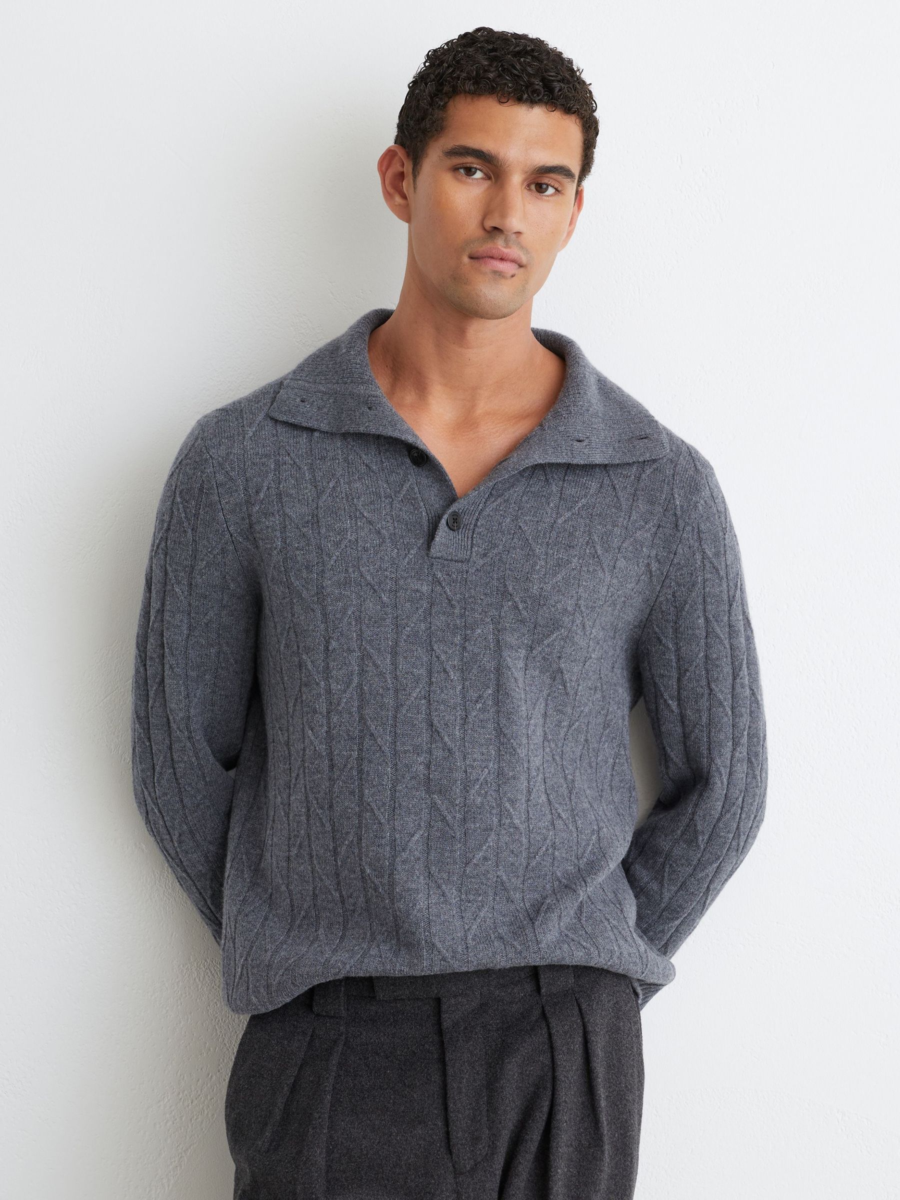 Wool Stitch-Detail Half-Button Jumper in Mid Grey Melange - Image 3 of 7