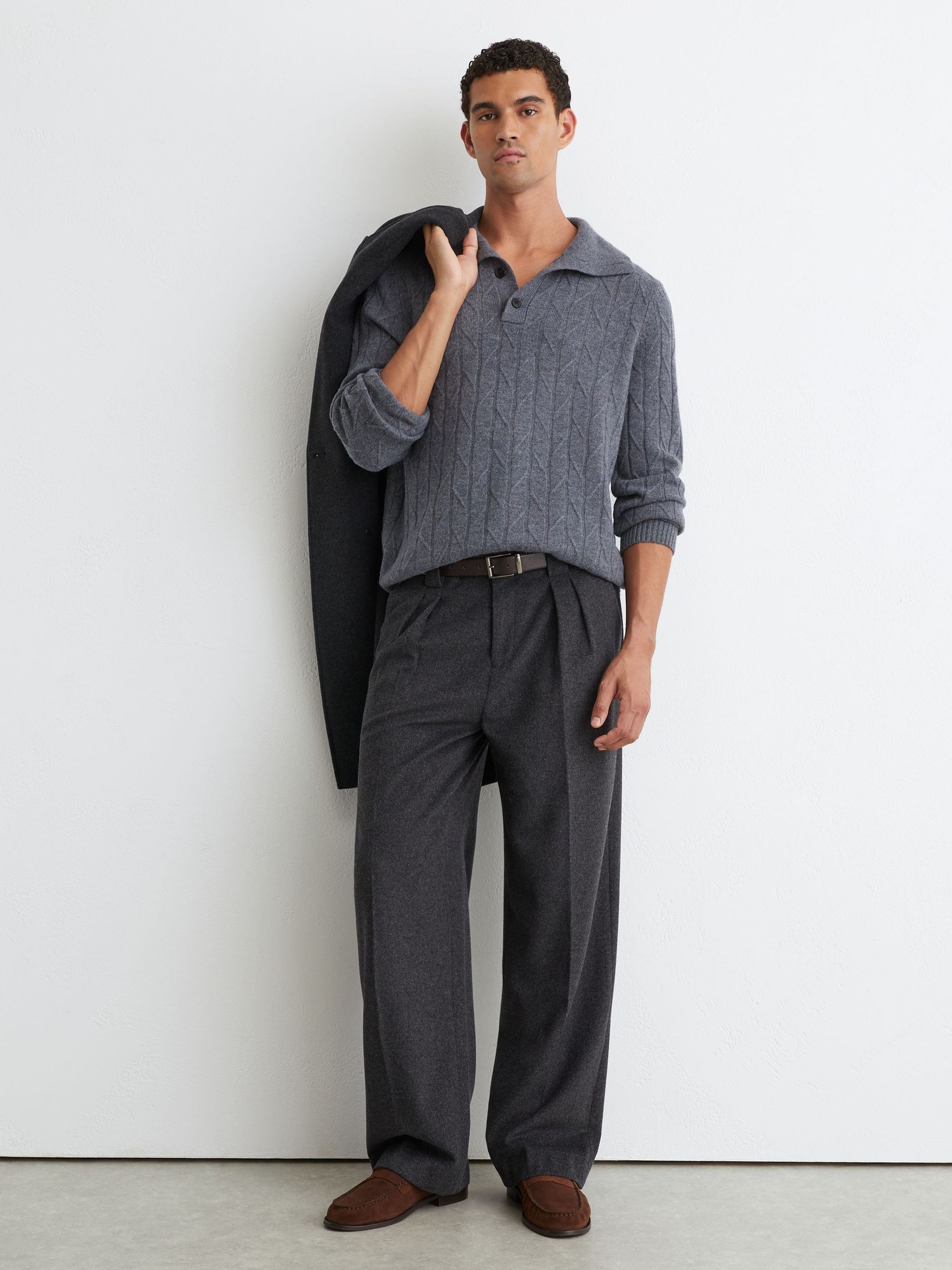 Wool Stitch-Detail Half-Button Jumper in Mid Grey Melange - Image 4 of 7
