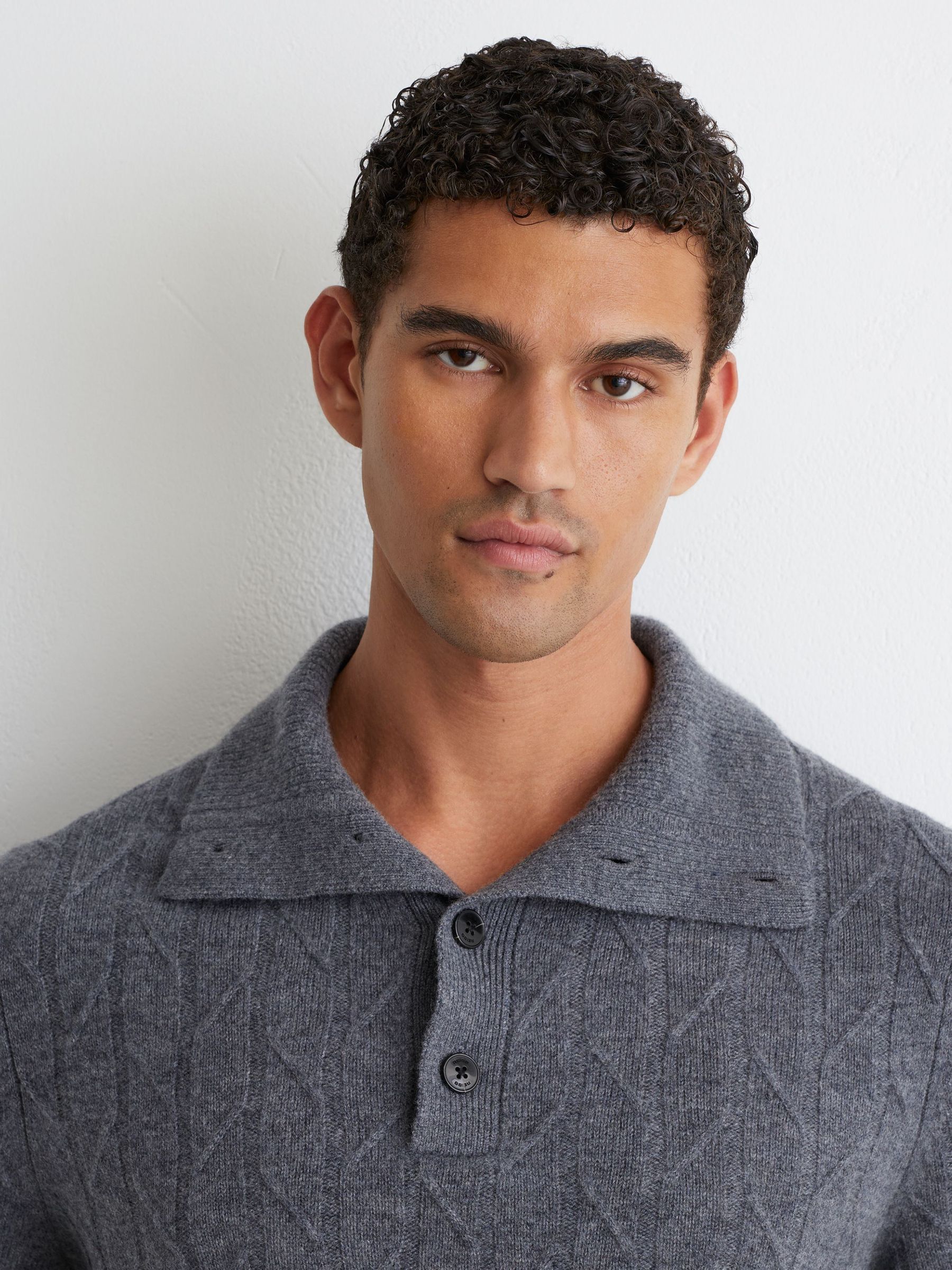 Wool Stitch-Detail Half-Button Jumper in Mid Grey Melange - Image 5 of 7