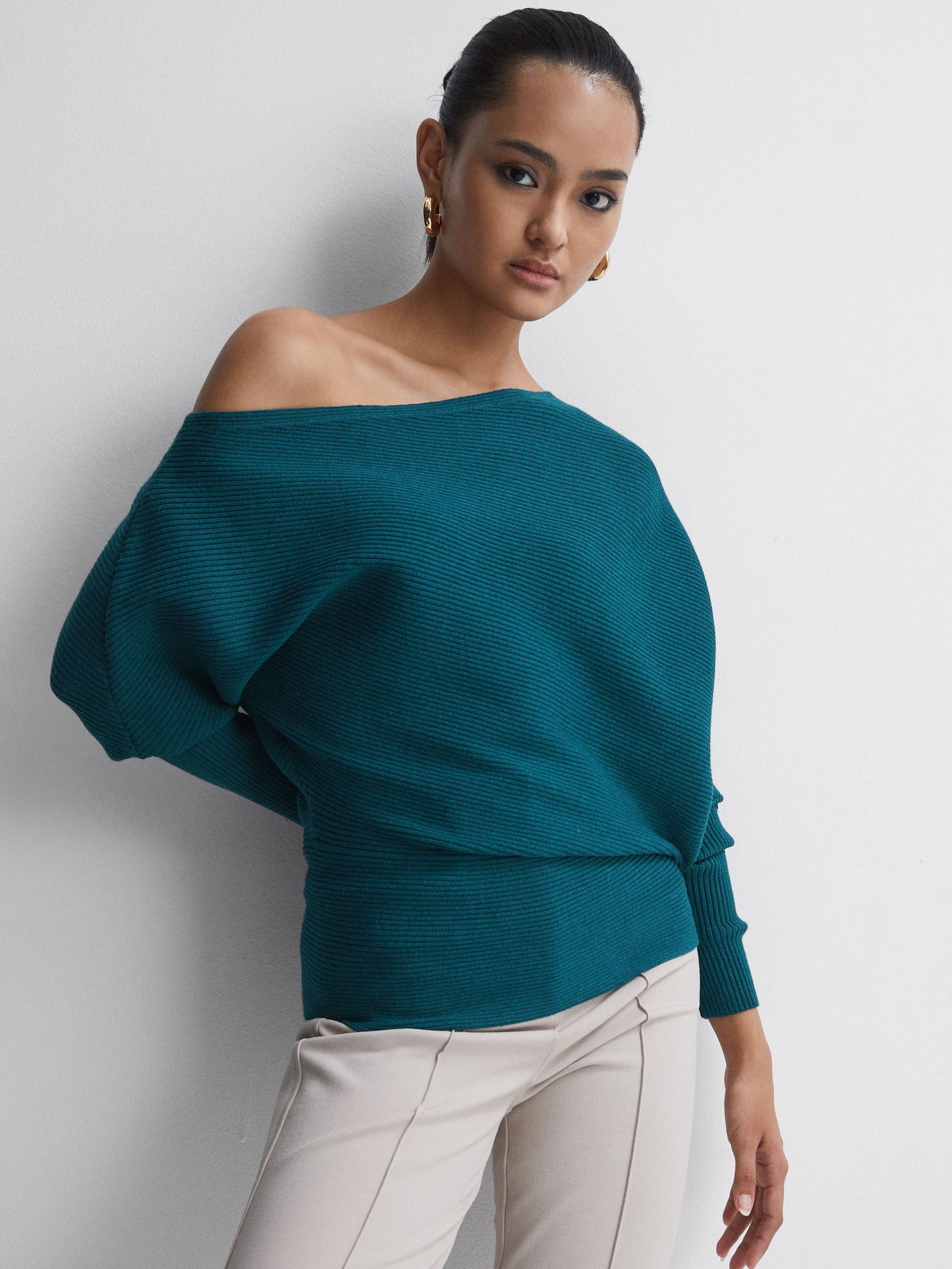 Asymmetric Drape Knitted Top in Teal - Image 1 of 5