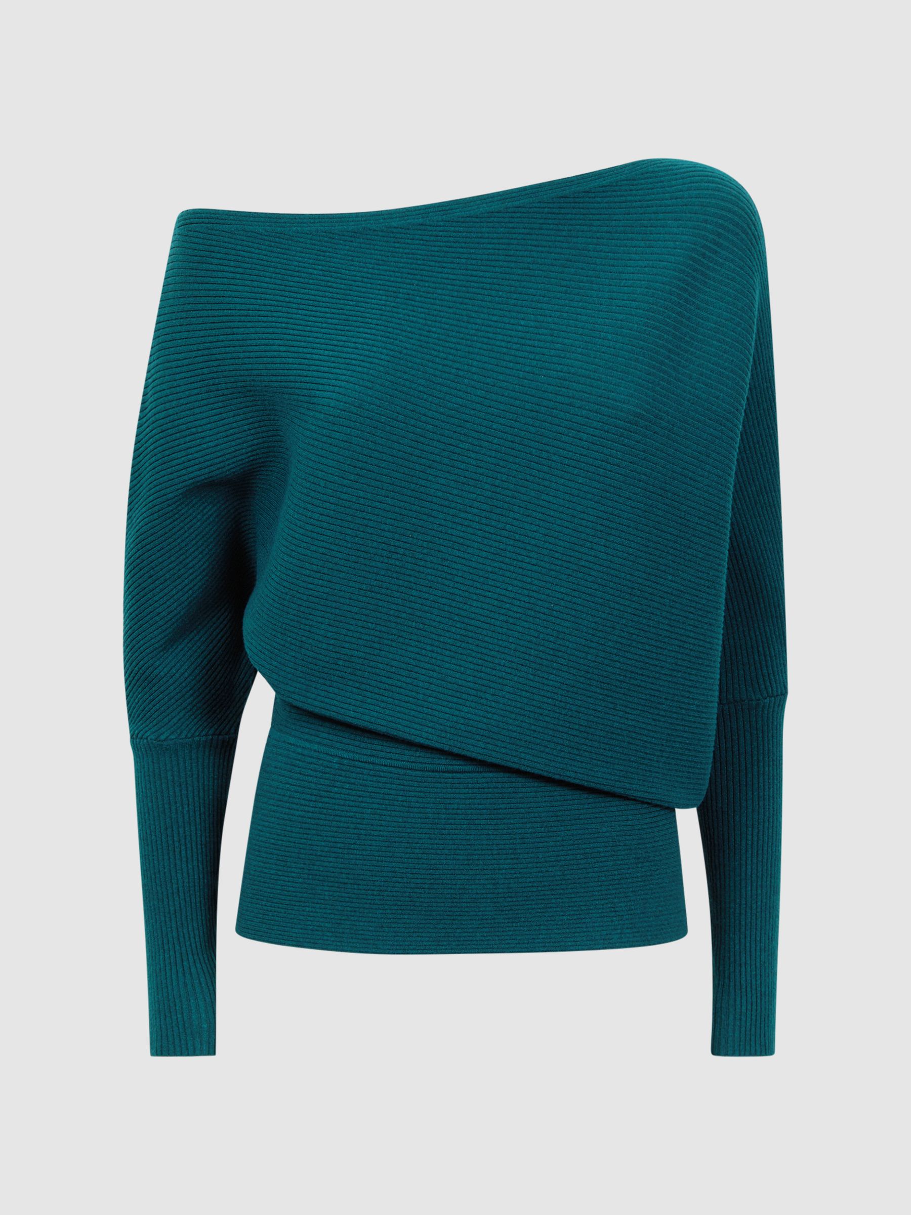Asymmetric Drape Knitted Top in Teal - Image 2 of 5