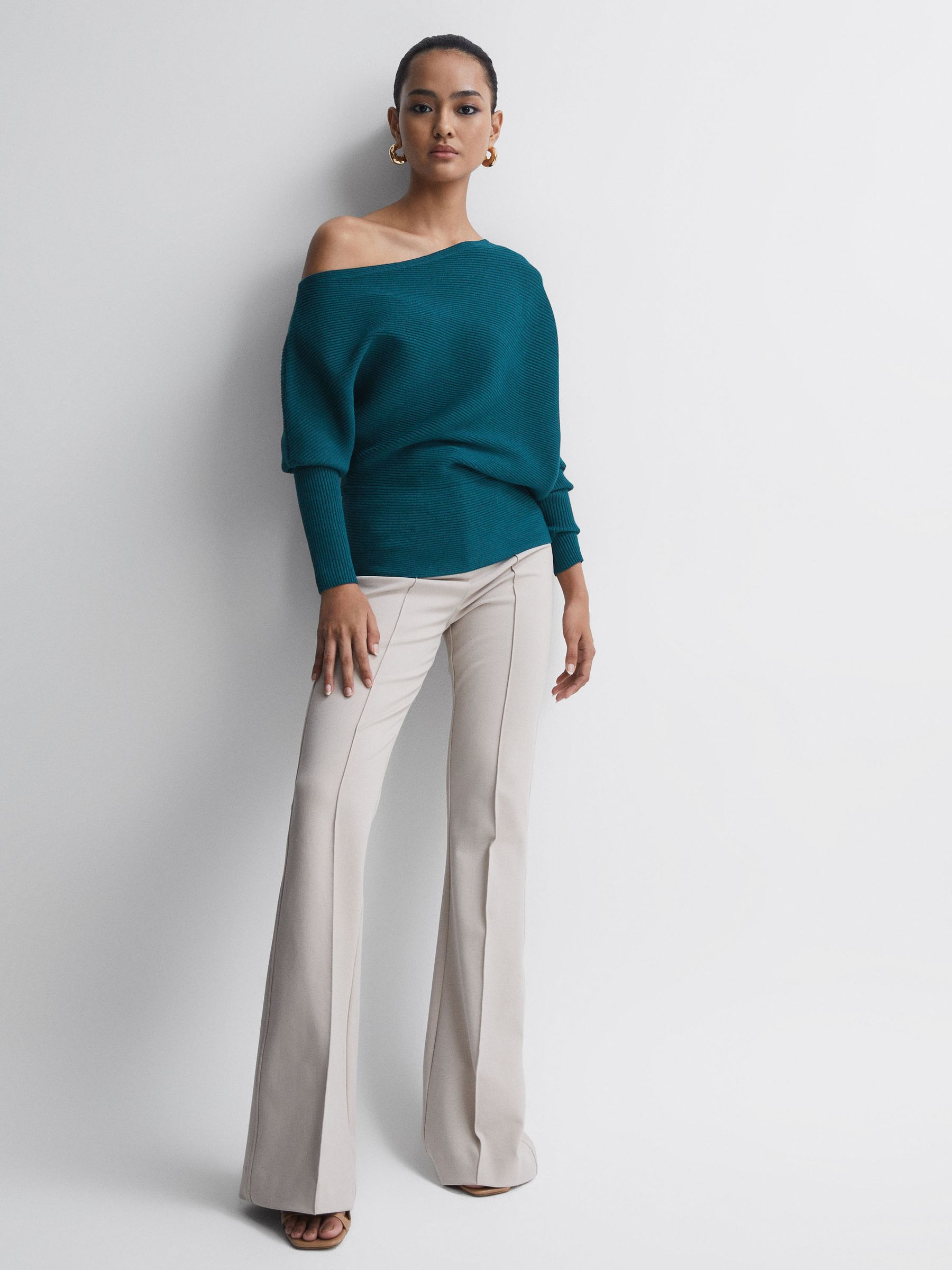 Asymmetric Drape Knitted Top in Teal - Image 3 of 5