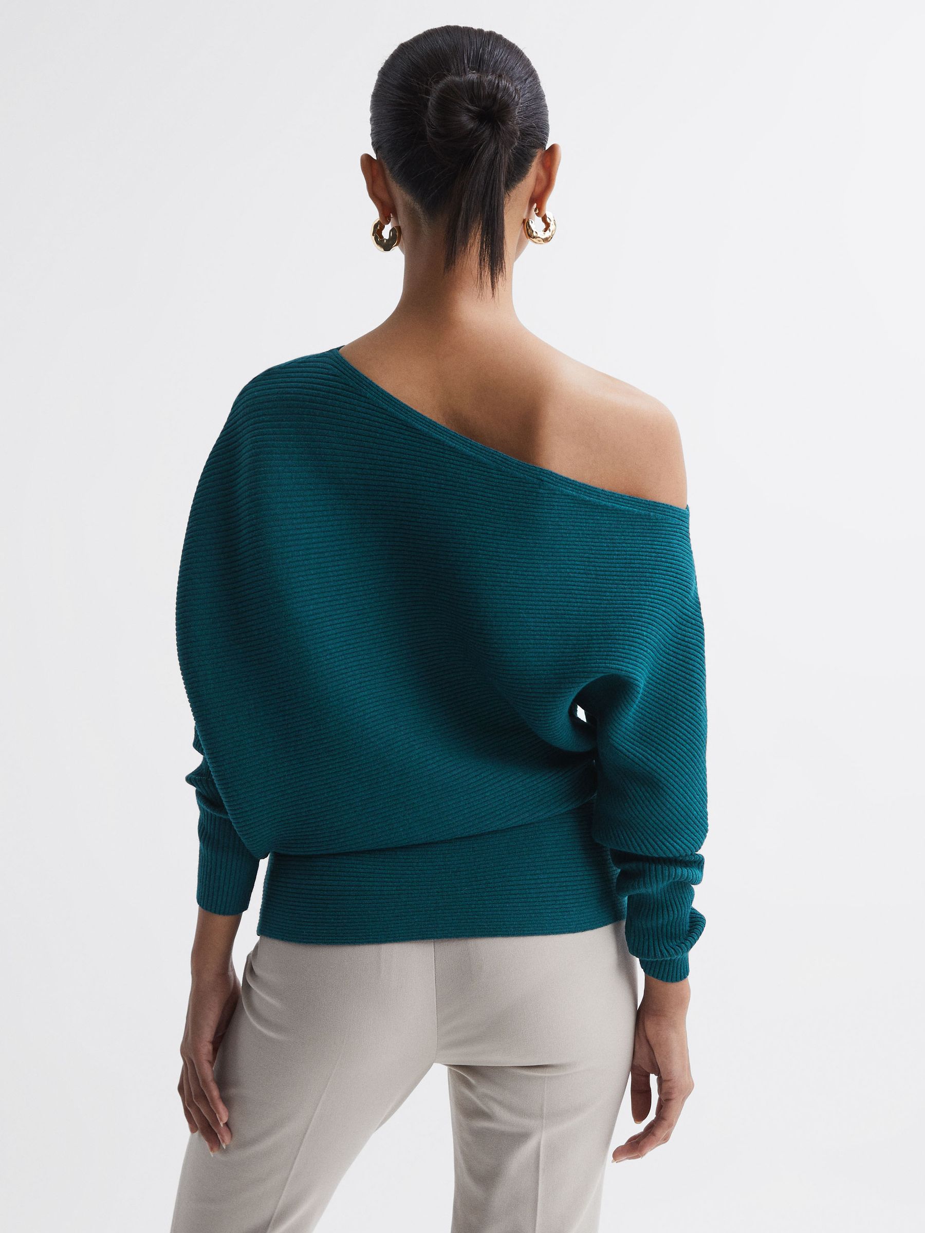 Asymmetric Drape Knitted Top in Teal - Image 5 of 5