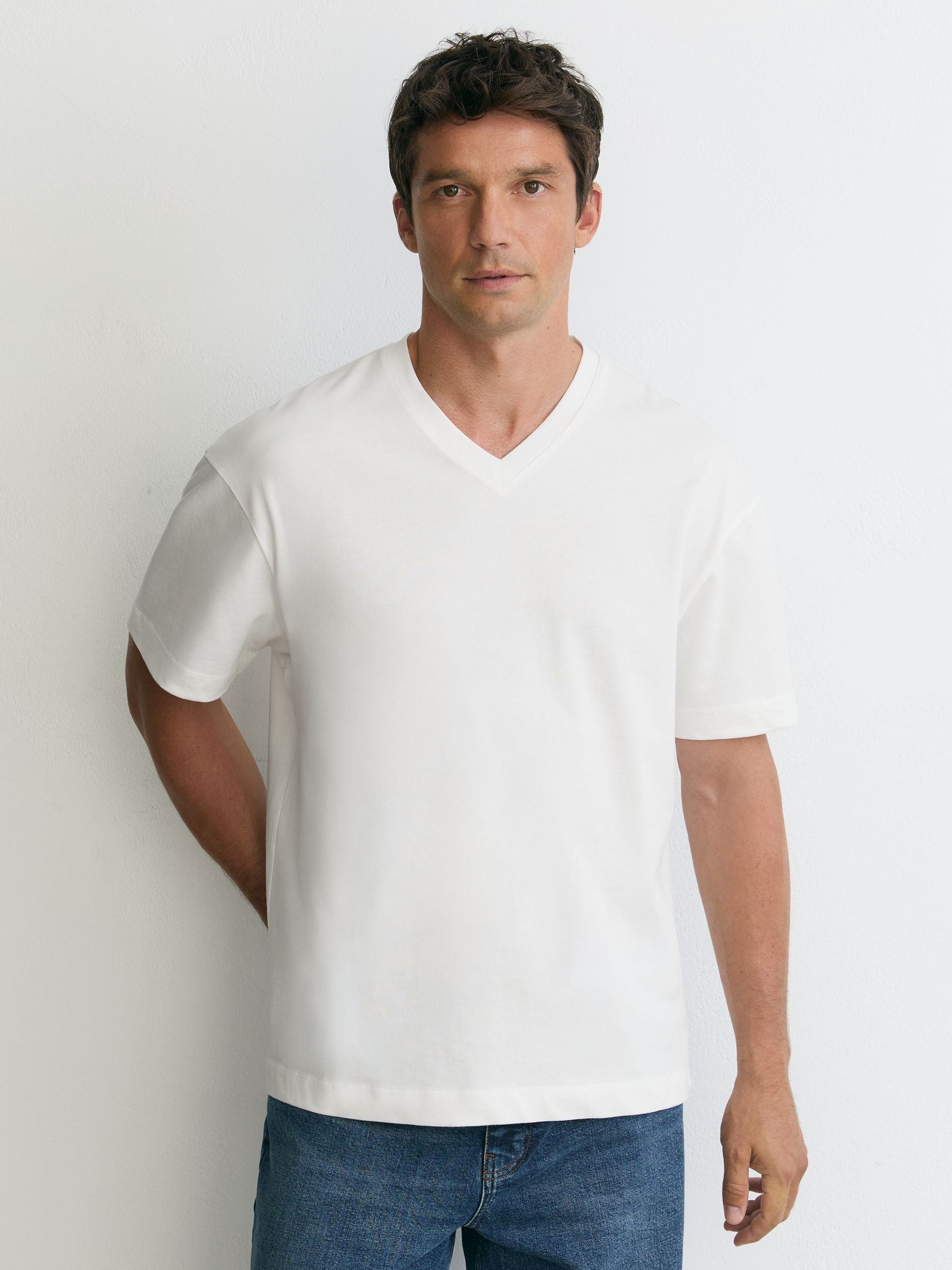 Cotton V-Neck Relaxed-Fit T-Shirt in White - Image 1 of 6 Cotton V-Neck Relaxed-Fit T-Shirt in White - Image 1 of 6
