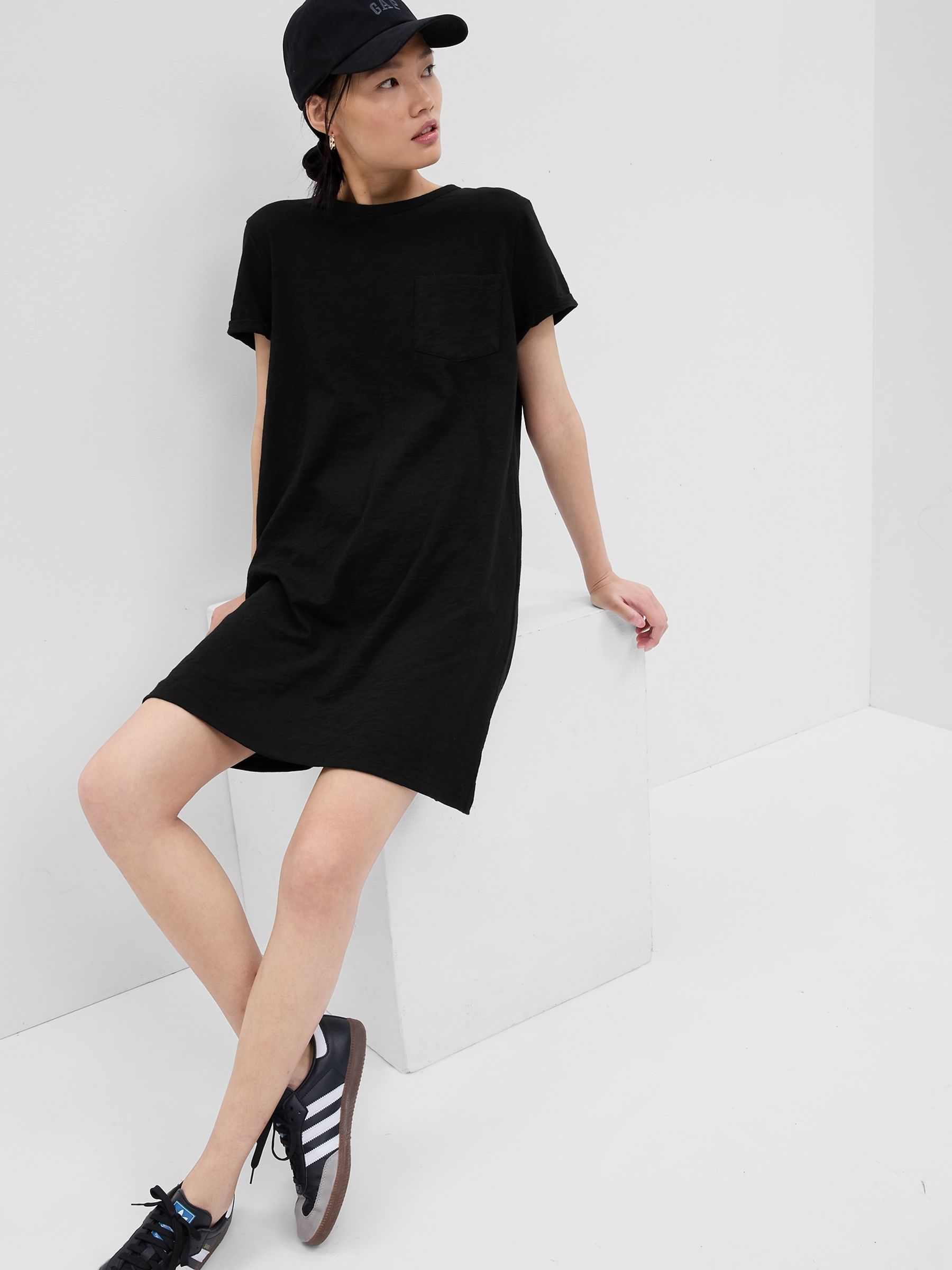 Black Crew Neck Short Sleeve Pocket Mini T-Shirt Dress - Image 1 of 2