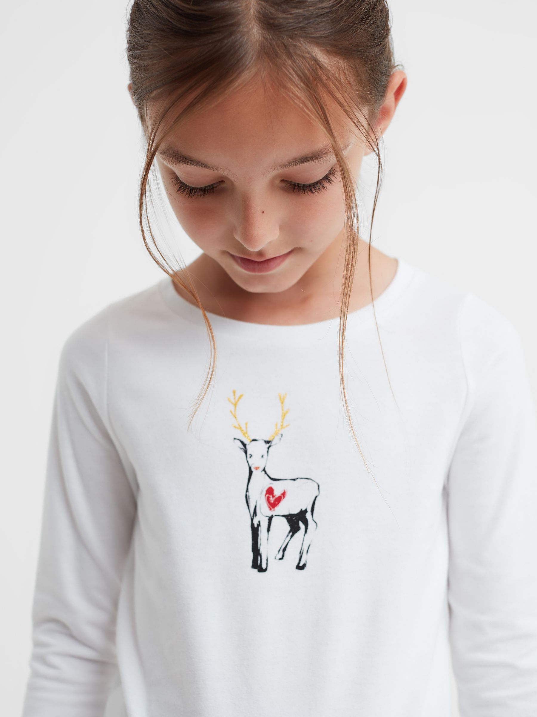 4-9 yrs Cotton Reindeer Long Sleeve T-Shirt in White - Image 4 of 6
