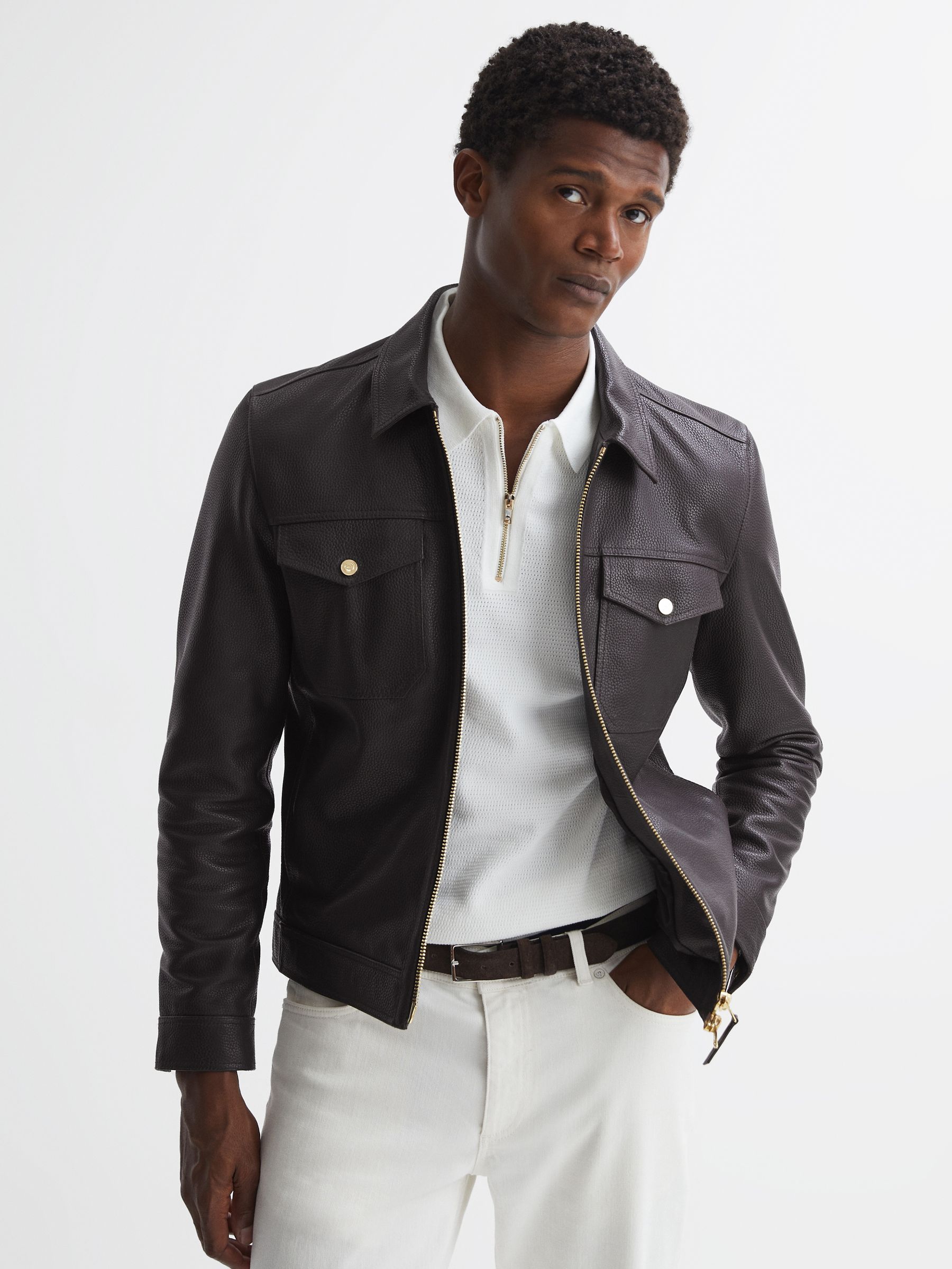 Leather Zip Through Jacket in Chocolate - Image 1 of 4 Leather Zip Through Jacket in Chocolate - Image 1 of 4