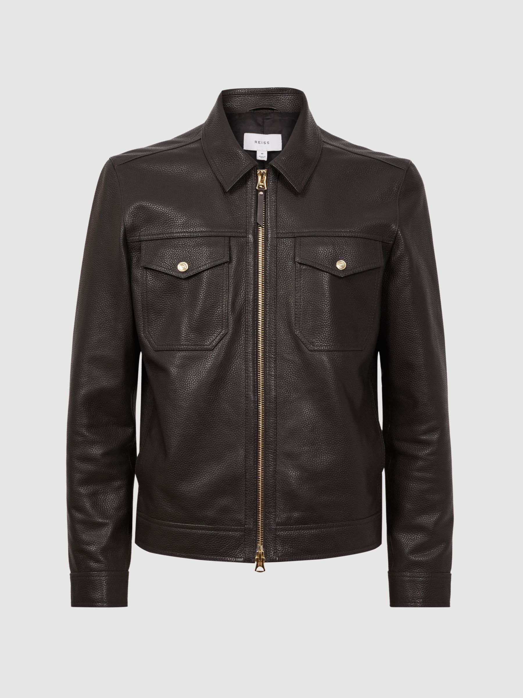 Reiss Leather Zip Through Jacket in Chocolate - REISS