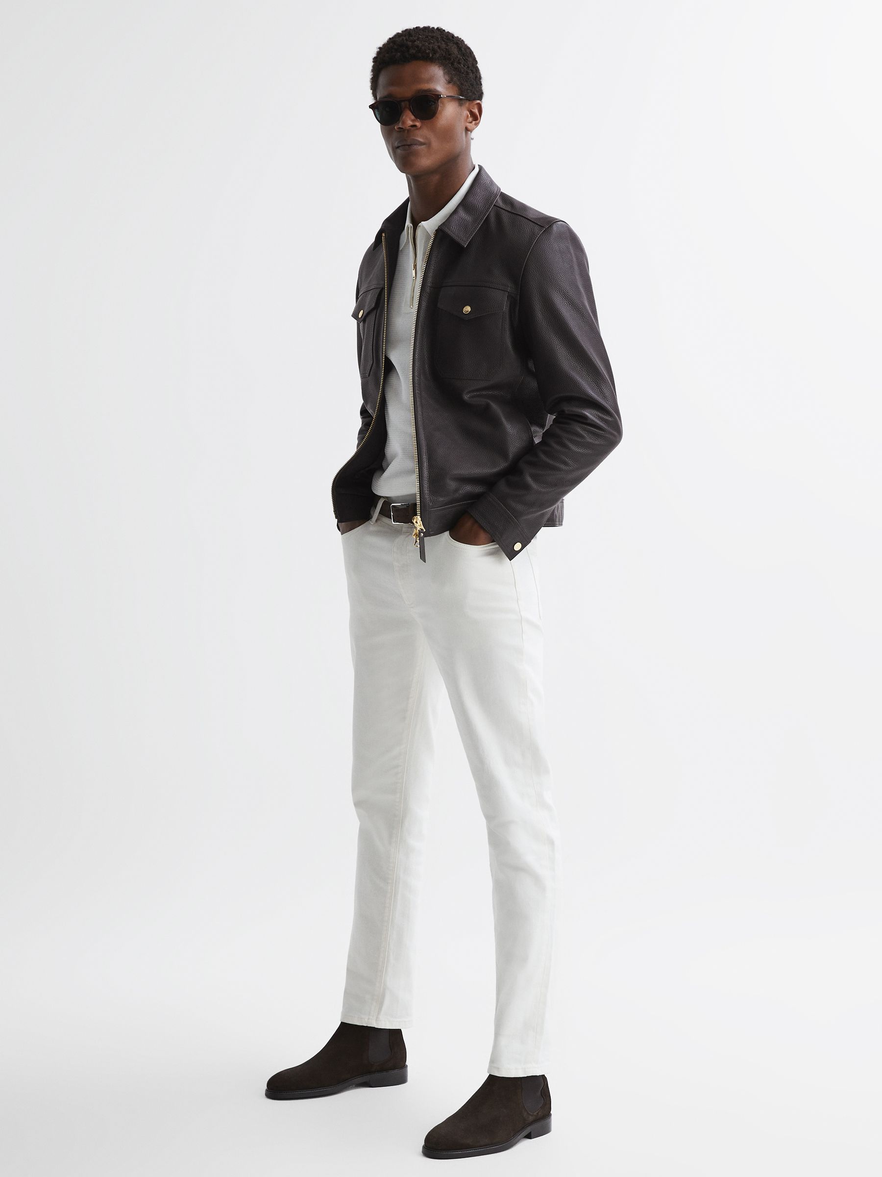 Leather Zip Through Jacket in Chocolate - Image 3 of 4