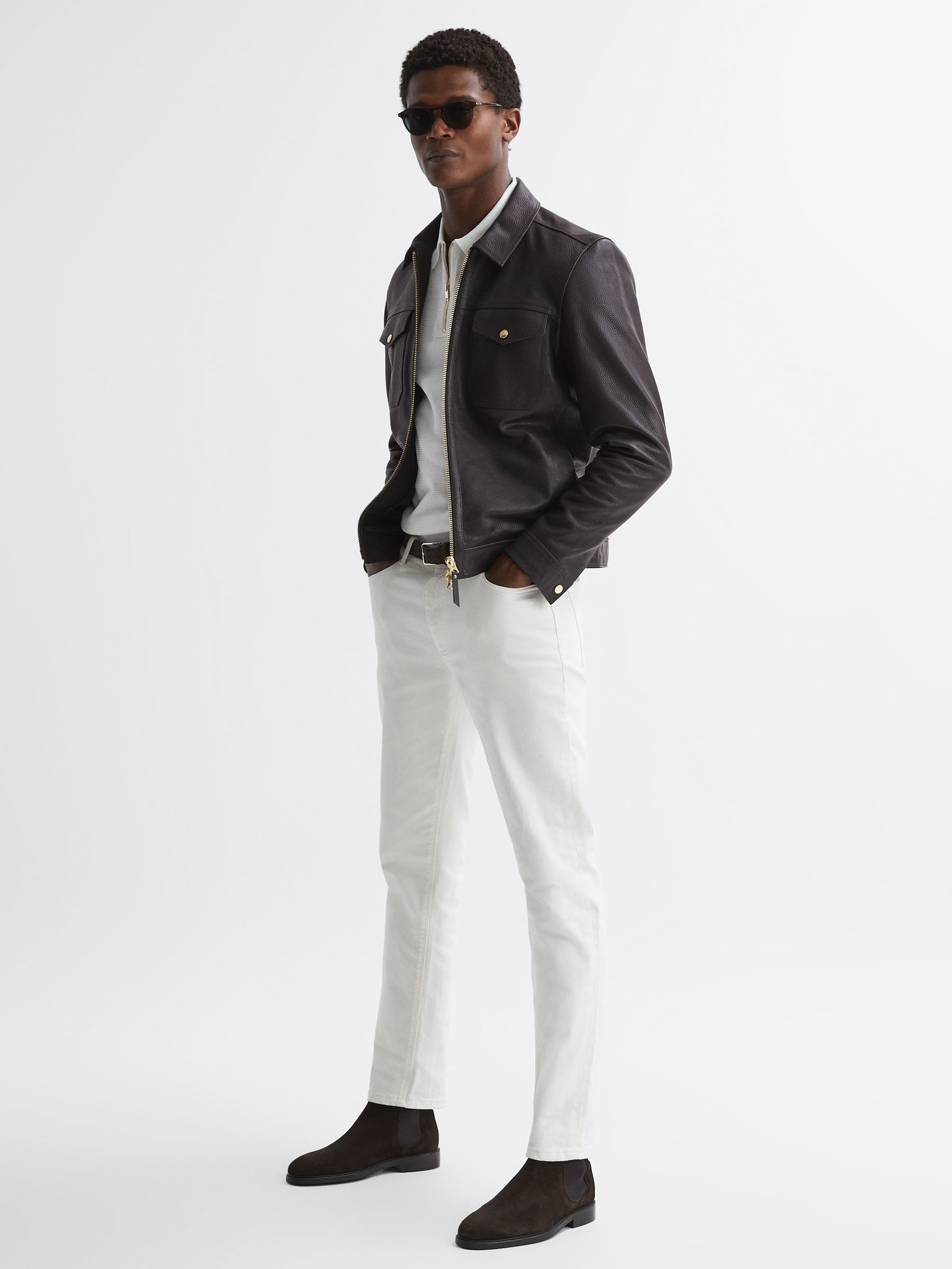 Leather Zip Through Jacket in Chocolate - Image 5 of 8