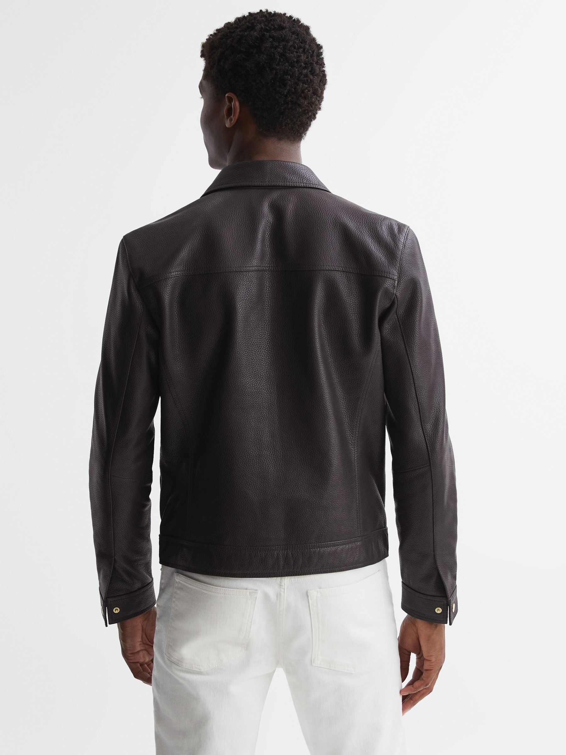 Leather Zip Through Jacket in Chocolate - Image 6 of 8