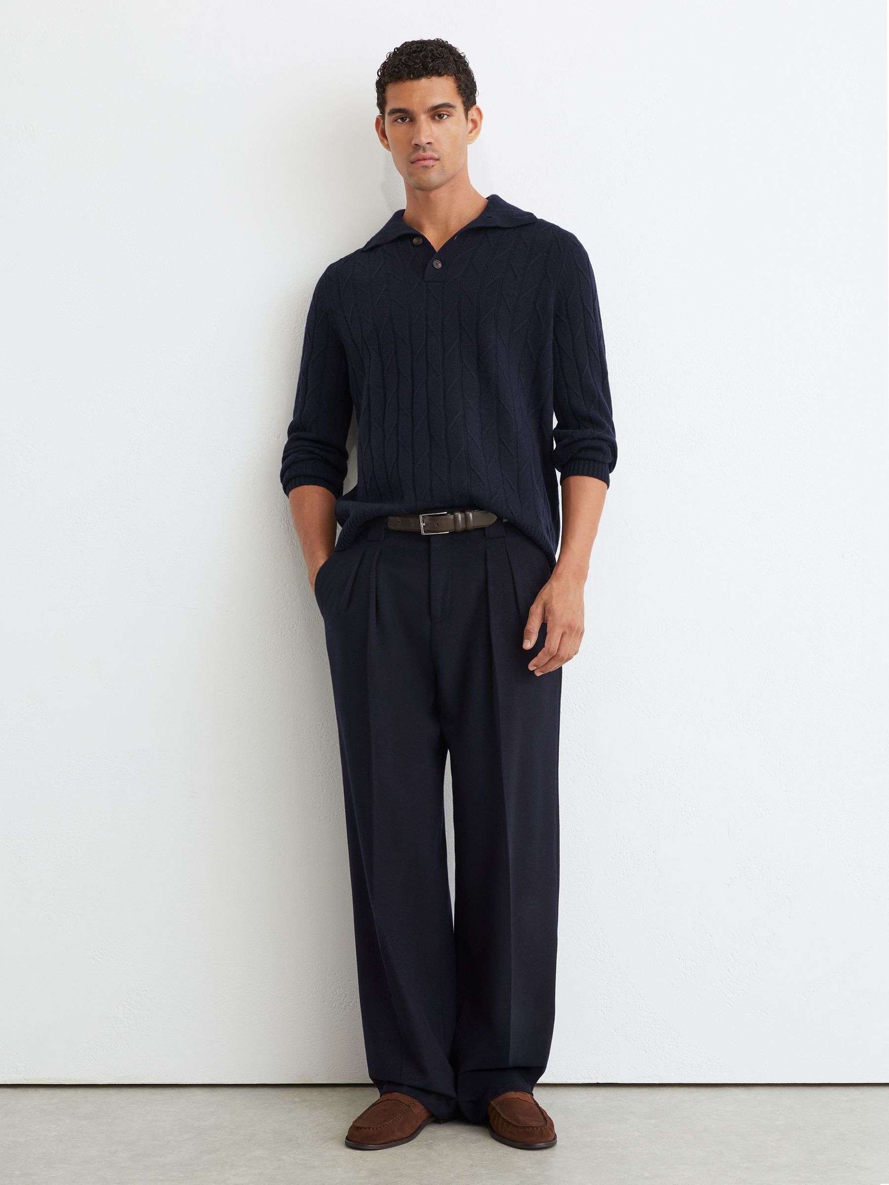 Wool Stitch-Detail Half-Button Jumper in Navy - Image 3 of 6
