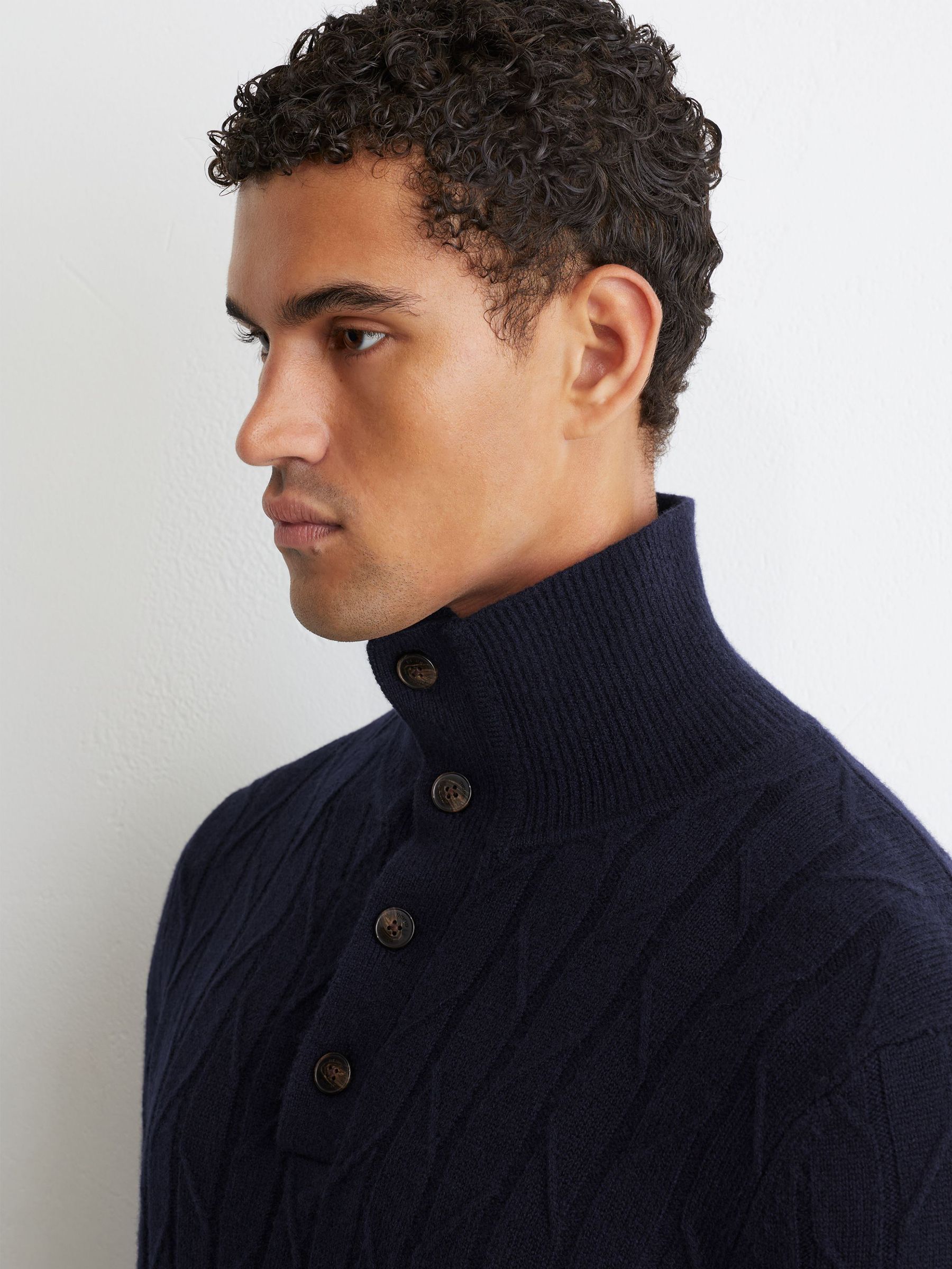 Wool Stitch-Detail Half-Button Jumper in Navy - Image 4 of 6