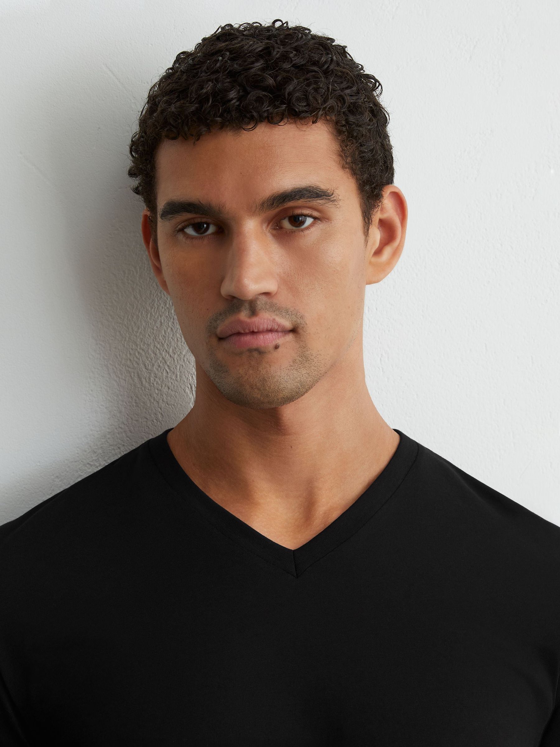 Cotton V-neck Tailored-Fit T-Shirt in Black - Image 1 of 6