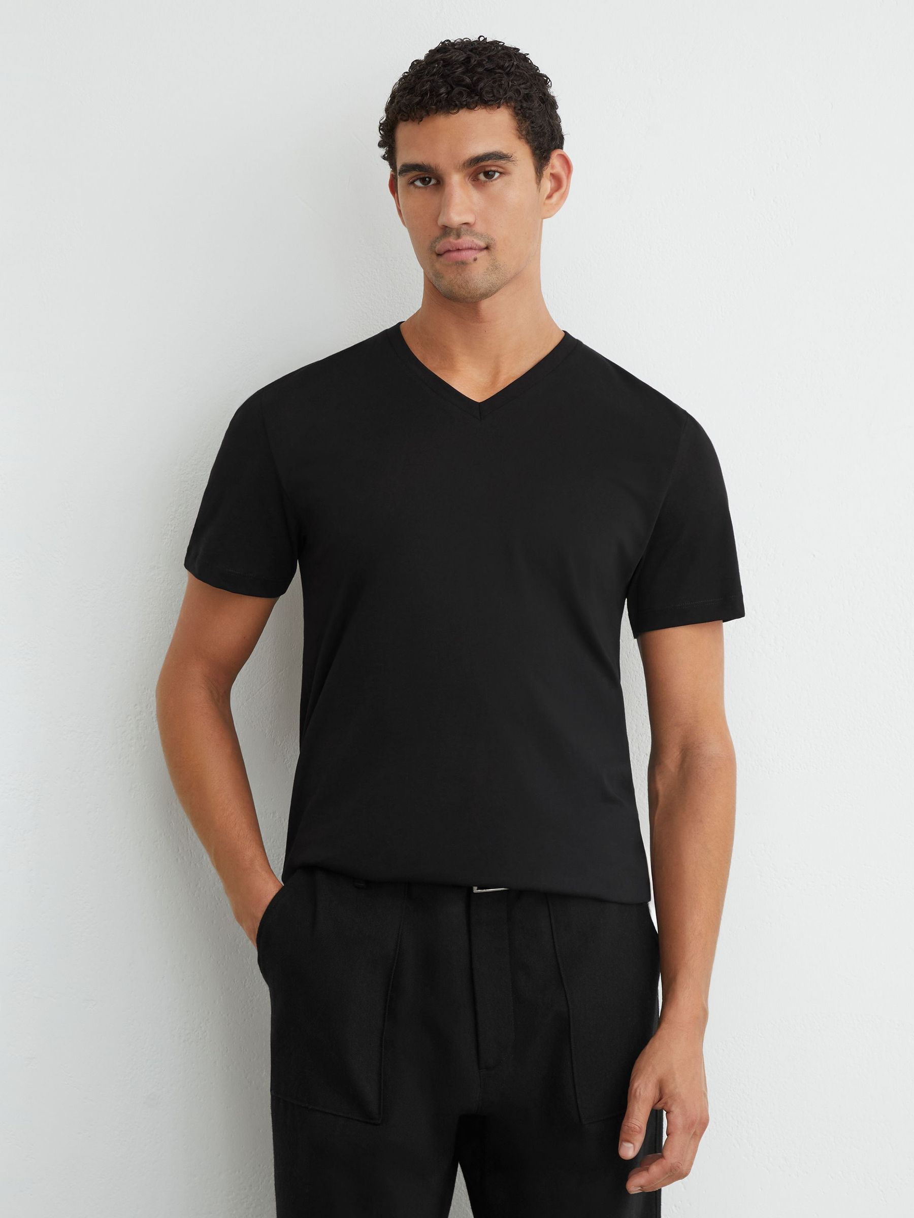 Cotton V-neck Tailored-Fit T-Shirt in Black - Image 4 of 6