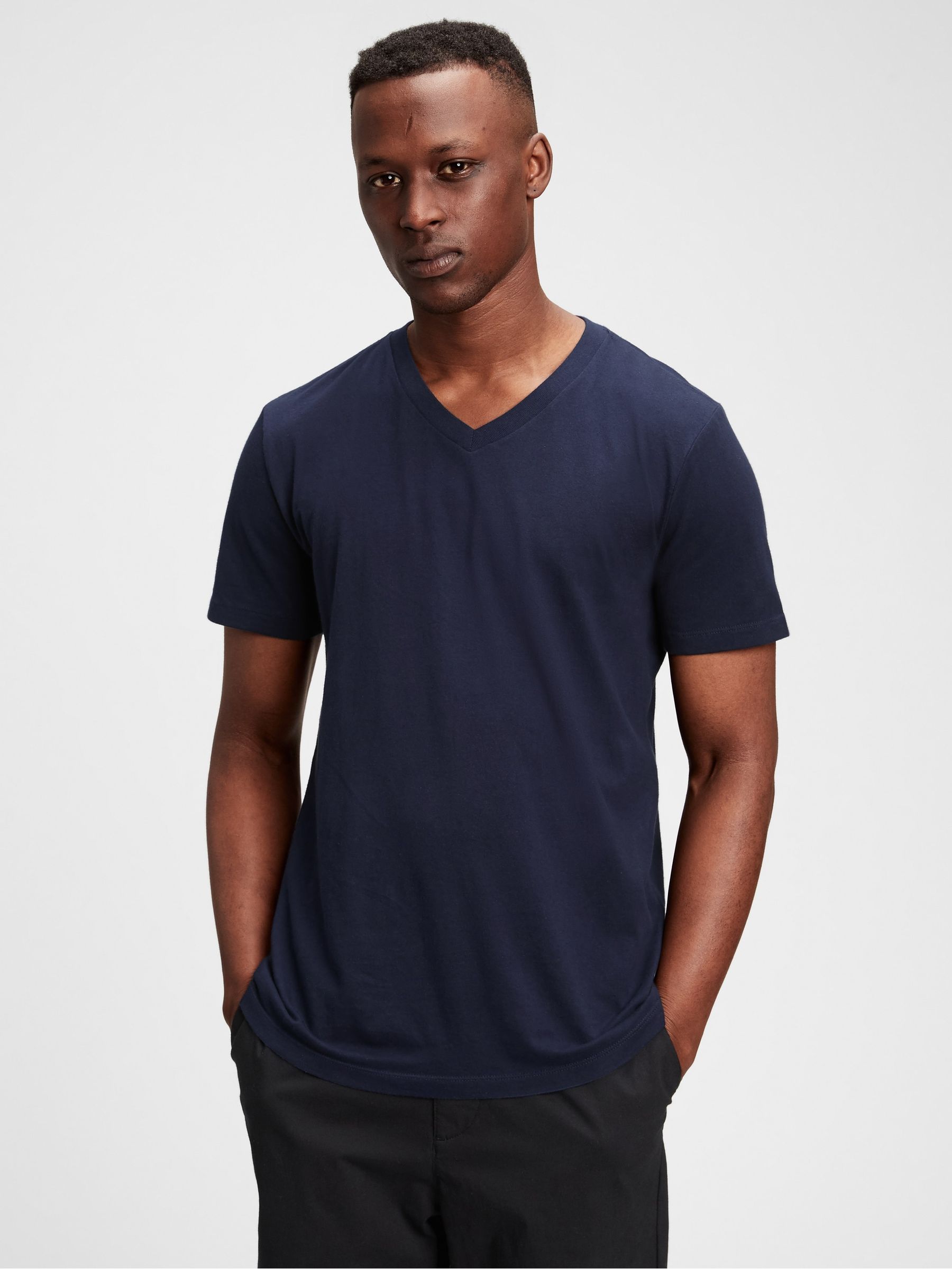 Blue V-Neck Classic 100% Cotton Short Sleeve T-Shirt - Image 1 of 5 Blue V-Neck Classic 100% Cotton Short Sleeve T-Shirt - Image 1 of 5