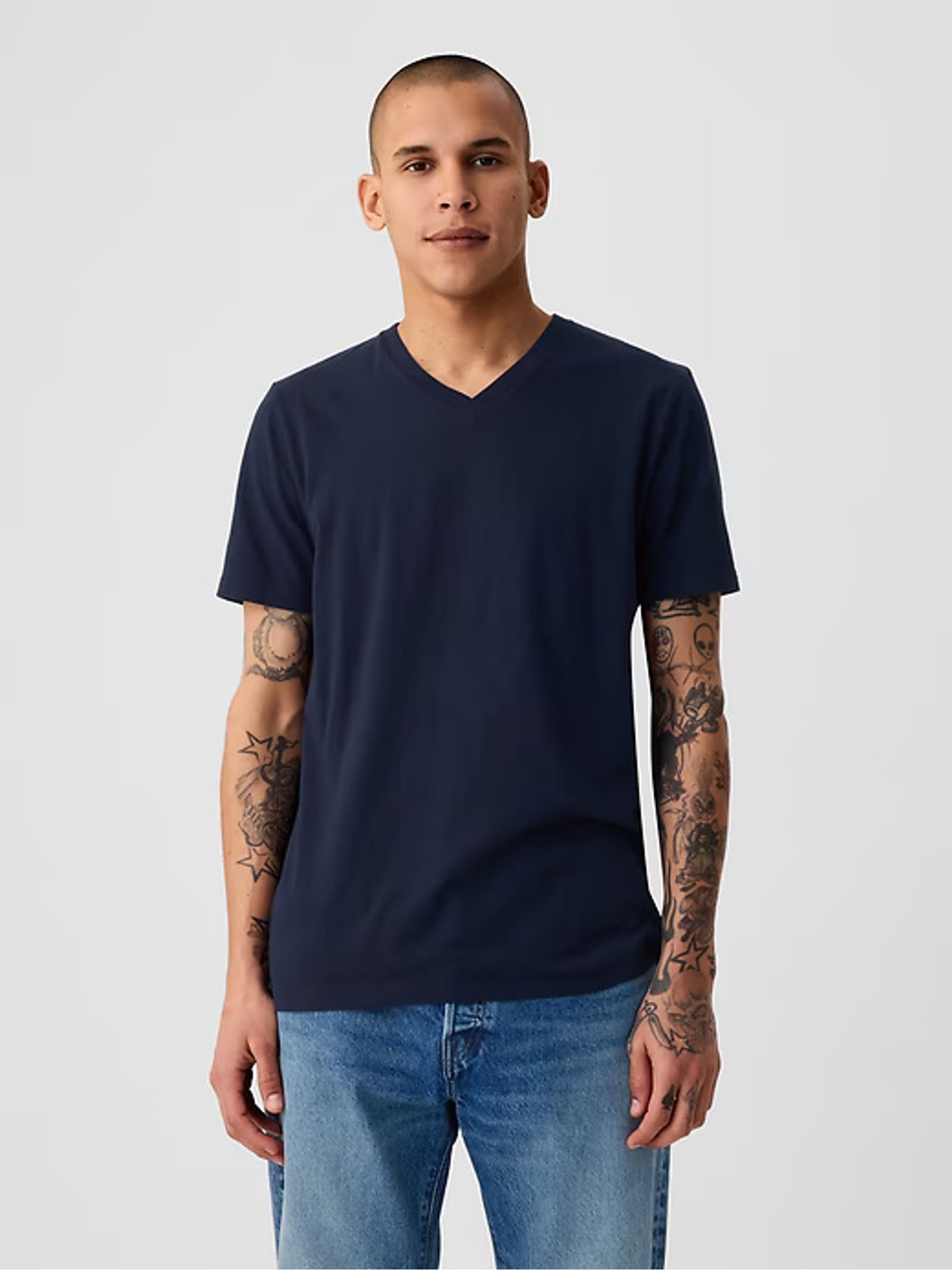Blue V-Neck Classic 100% Cotton Short Sleeve T-Shirt - Image 2 of 5