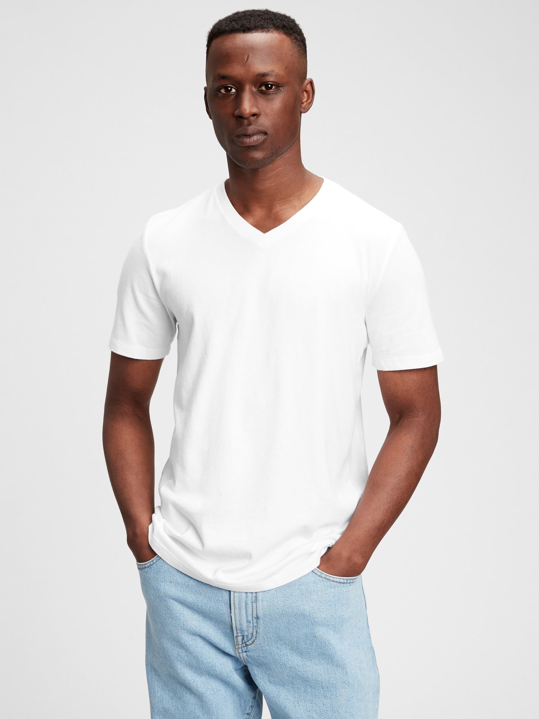 White V-Neck Classic 100% Cotton Short Sleeve T-Shirt - Image 1 of 5