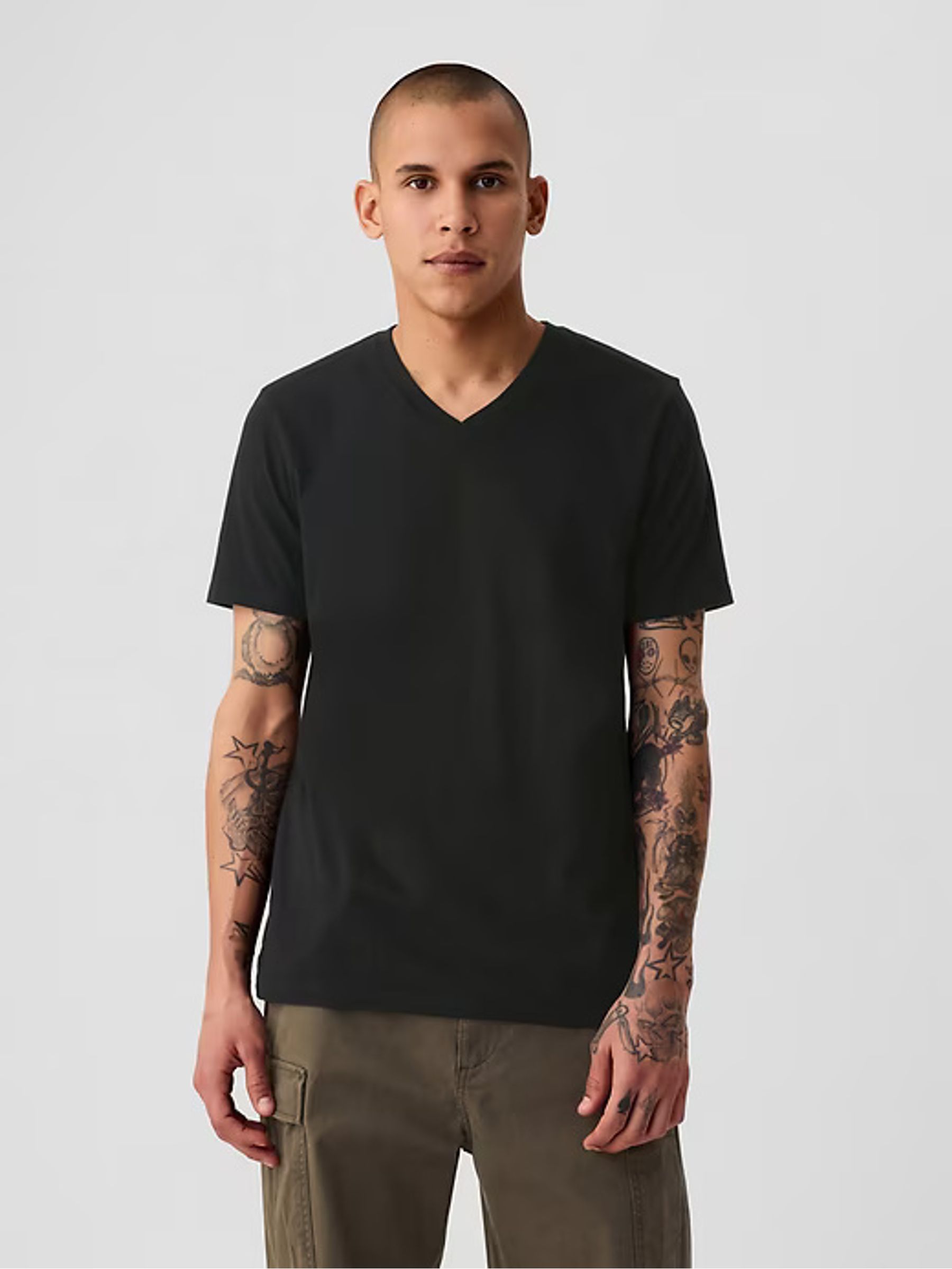 Black V-Neck Classic 100% Cotton Short Sleeve T-Shirt - Image 2 of 5