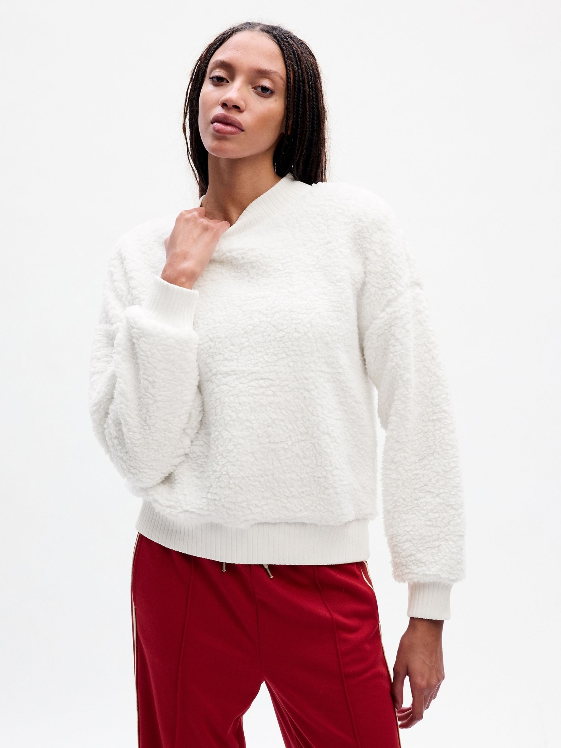 White Vintage Soft Mock Neck Long Sleeve Pullover Sweatshirt. - Image 1 of 4