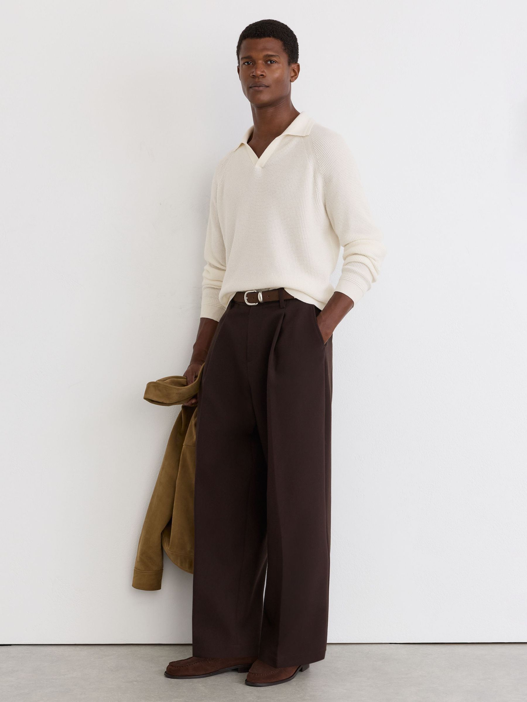 Textured-Knit Open-Collar Jumper with Wool in White - Image 4 of 6