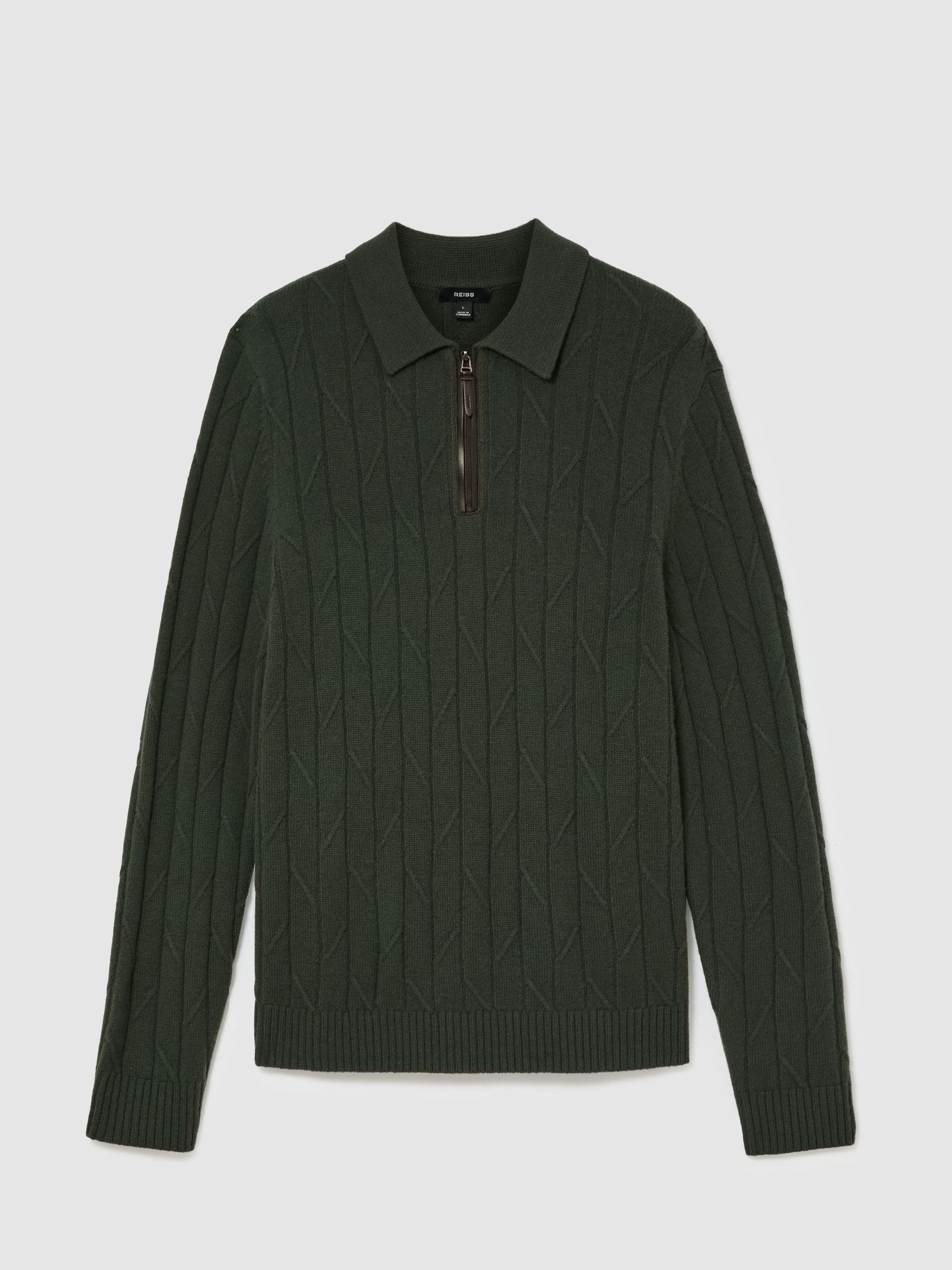Wool Stitch-Detail Half-Zip Polo Jumper in Forest Green - Image 2 of 7