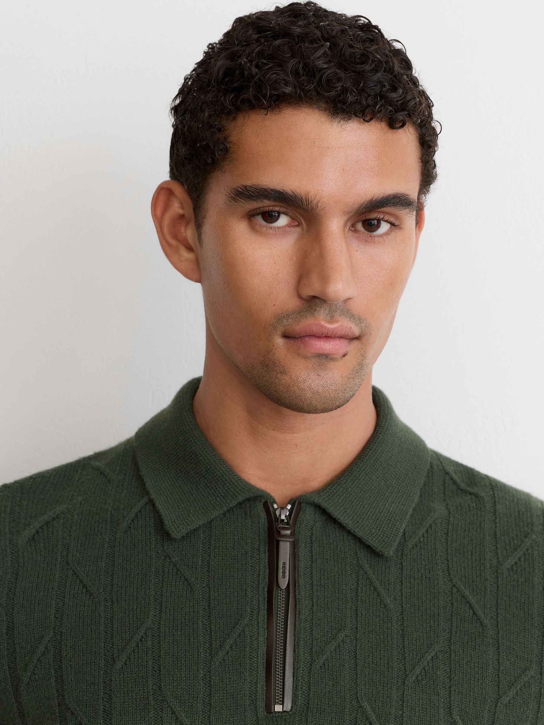 Wool Stitch-Detail Half-Zip Polo Jumper in Forest Green - Image 3 of 7
