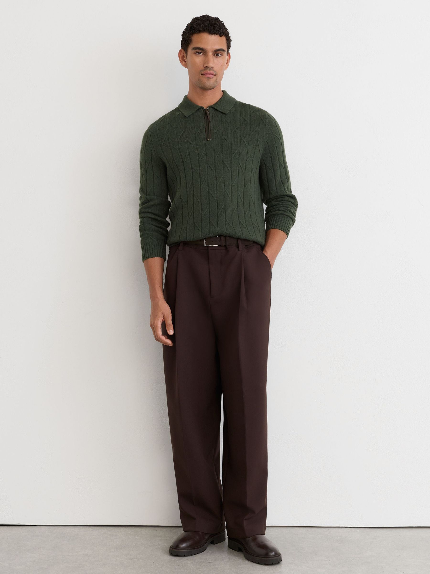 Wool Stitch-Detail Half-Zip Polo Jumper in Forest Green - Image 5 of 7